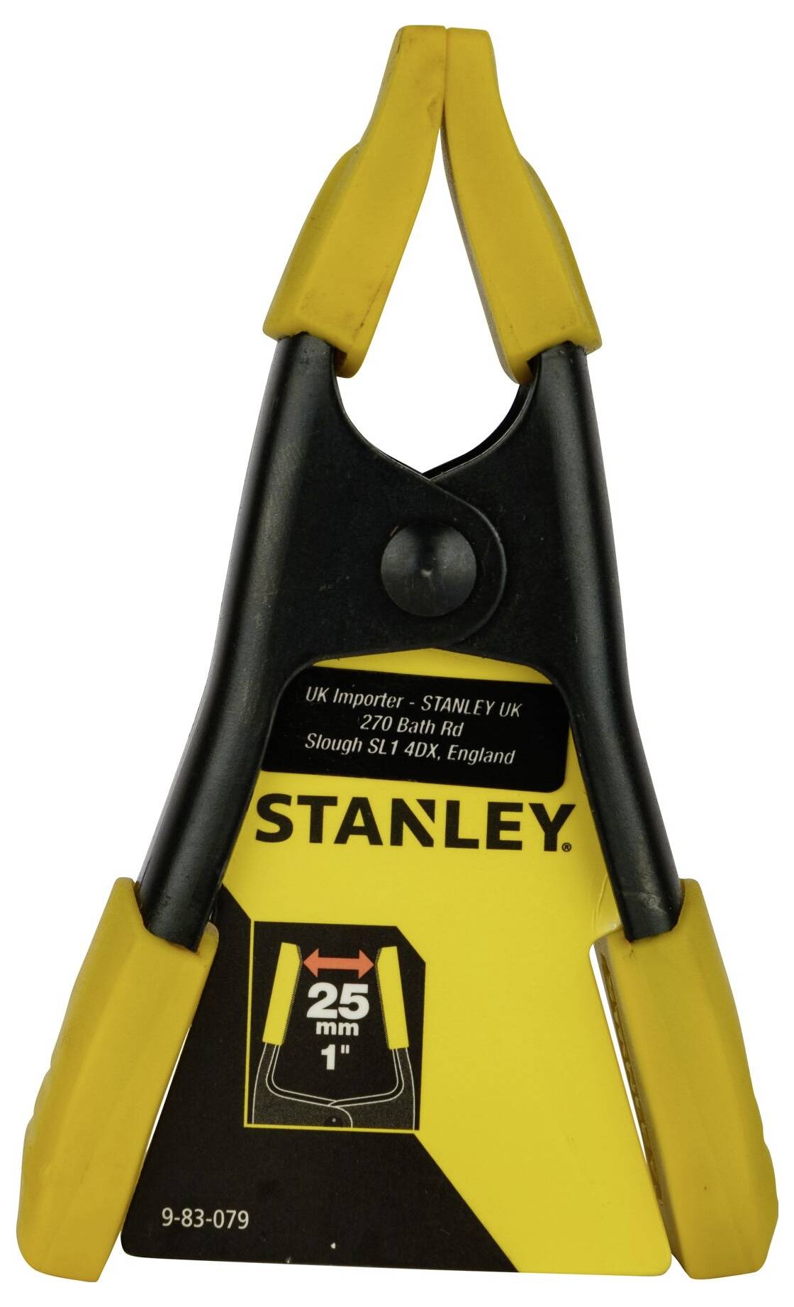 Eine gelb-schwarze Klemme der Marke 'Stanley' mit einer Öffnung von 25 mm, geeignet für verschiedene Haltezwecke.