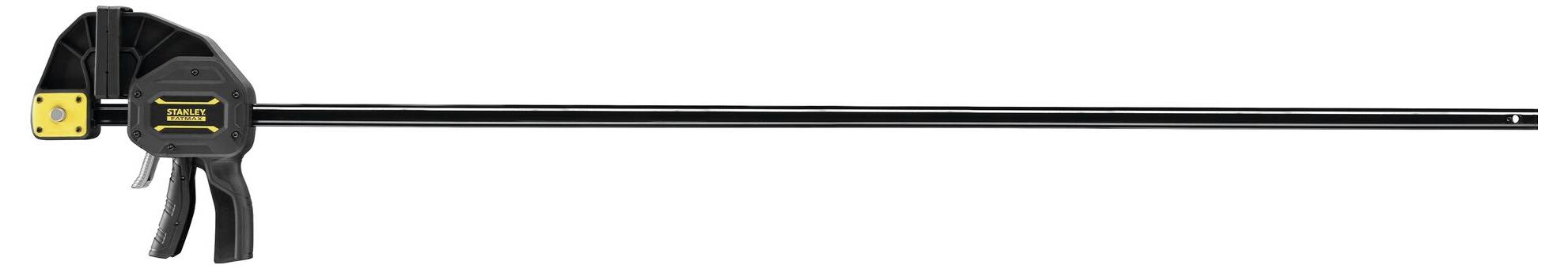 Eine lange, schwarze Schraubzwinge mit gelben Akzenten, die zum Fixieren von Werkstücken verwendet wird, liegt horizontal ausgerichtet.
