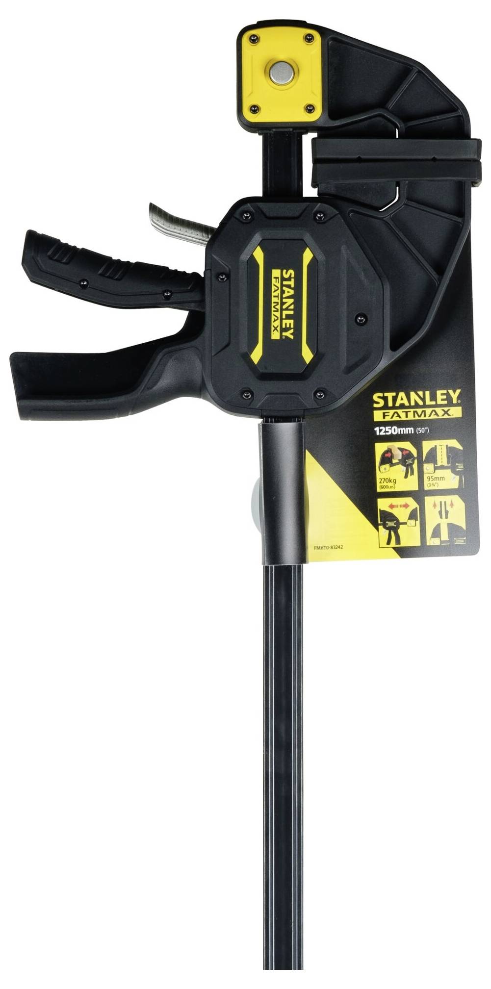 Eine Stanley-F-Zwinge mit ergonomischem Griff und schwarzem Metallrahmen. Verpackung zeigt Produktdetails und Anwendungen.
