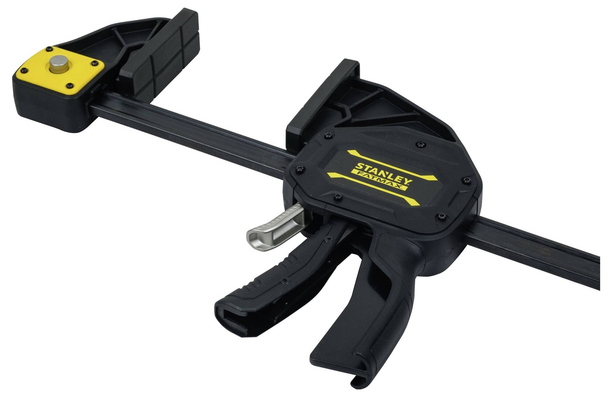 Eine schwarze Schraubzwinge von Stanley Fatmax mit gelben Akzenten, geeignet zum sicheren Festhalten von Werkstücken.