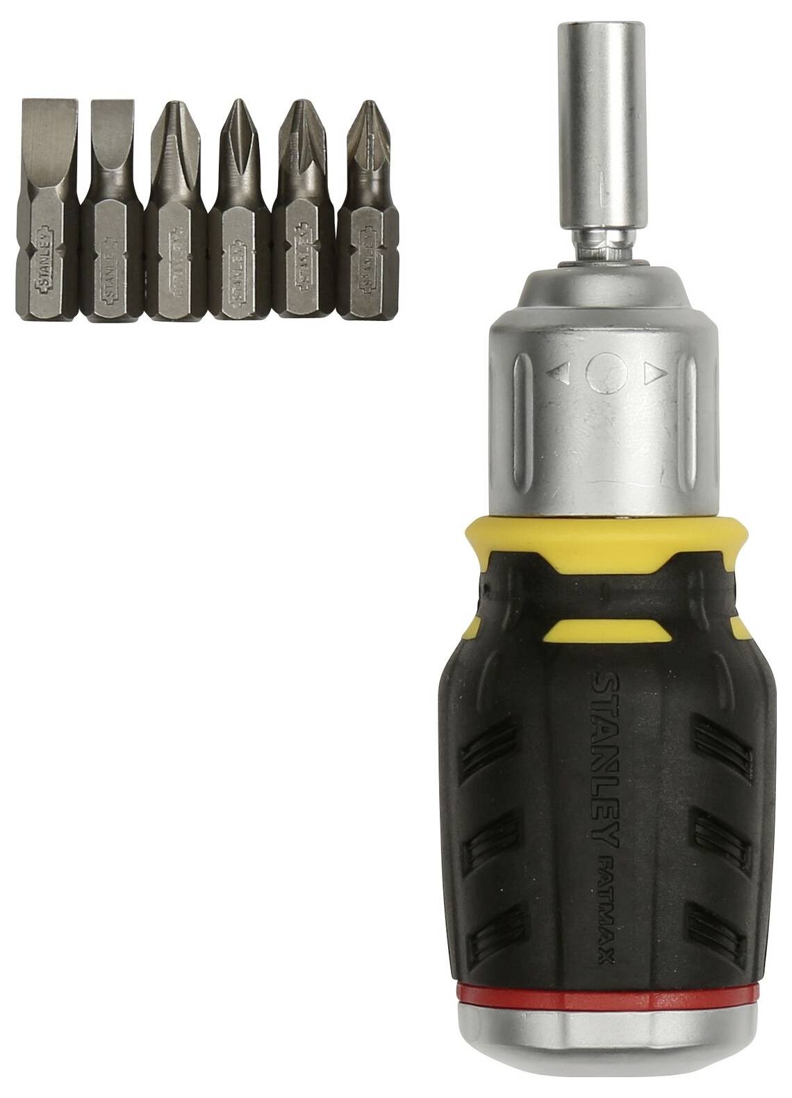 Ein Schraubendreher mit sechs auswechselbaren Bits, in einem kompakten Design. Die Bits werden oberhalb des Griffs gezeigt.