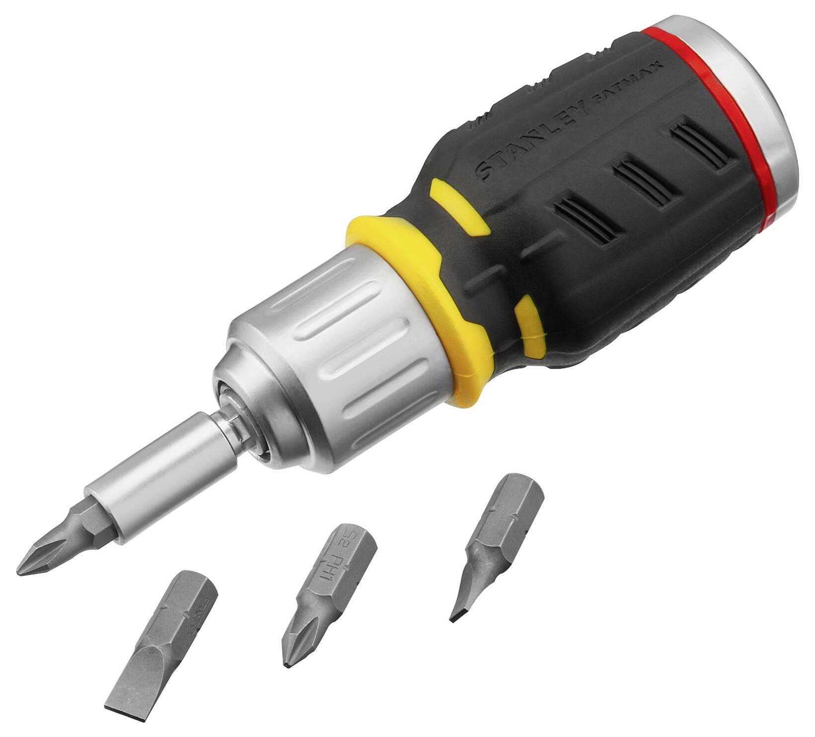 Schraubendreher mit austauschbaren Bits, darunter vier verschiedene Spitzenarten. Ideal für vielseitige Reparaturen und Heimwerkerarbeiten.