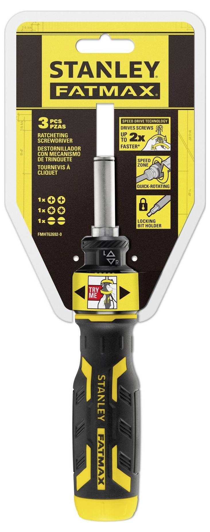 Ein Schraubendreher-Set von Stanley Fatmax mit einem ergonomischen Griff und austauschbaren Bits, auf einer gelben Verpackung abgebildet.