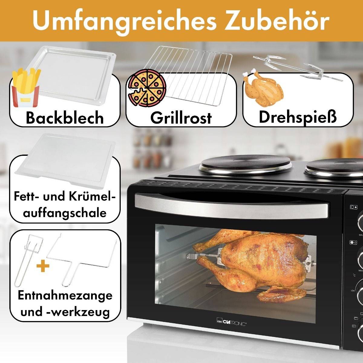 'Umfangreiches Zubehör' - Bild zeigt einen Ofen mit Grillhähnchen; Teile: Backblech, Grillrost, Drehspieß, Fett- und Krümelwanne, Entnahmezange.