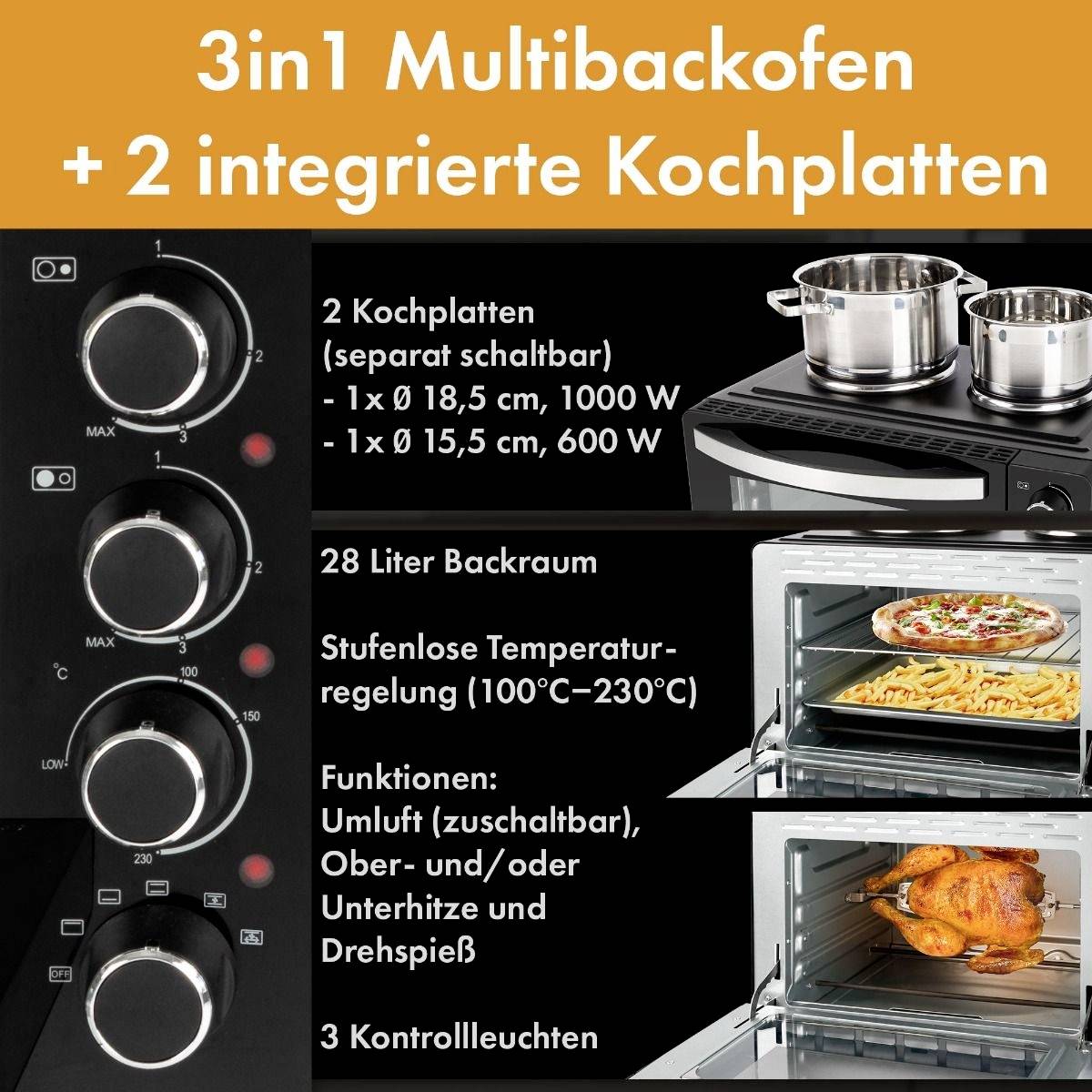 '3in1 Multibackofen + 2 integrierte Kochplatten' zeigt einen Backofen mit zwei Herdplatten und Einstellungen für Temperaturen und Lüfterfunktionen. Ein Huhn und eine Pizza sind im Ofen sichtbar.