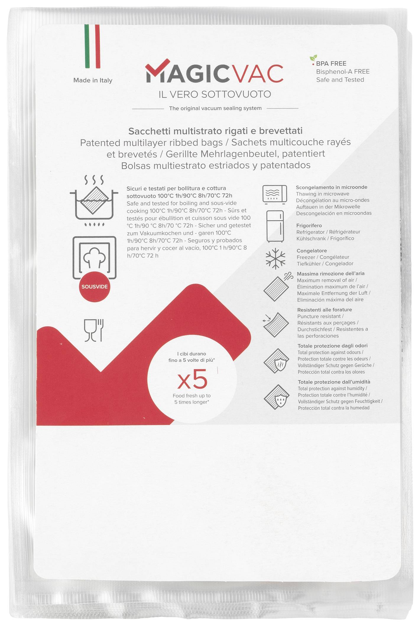 Verpackung eines Vakuumierbeutels mit italienischer Flagge. Text betont Mehrschichtigkeit und Patent. Piktogramme zeigen Verwendungen.