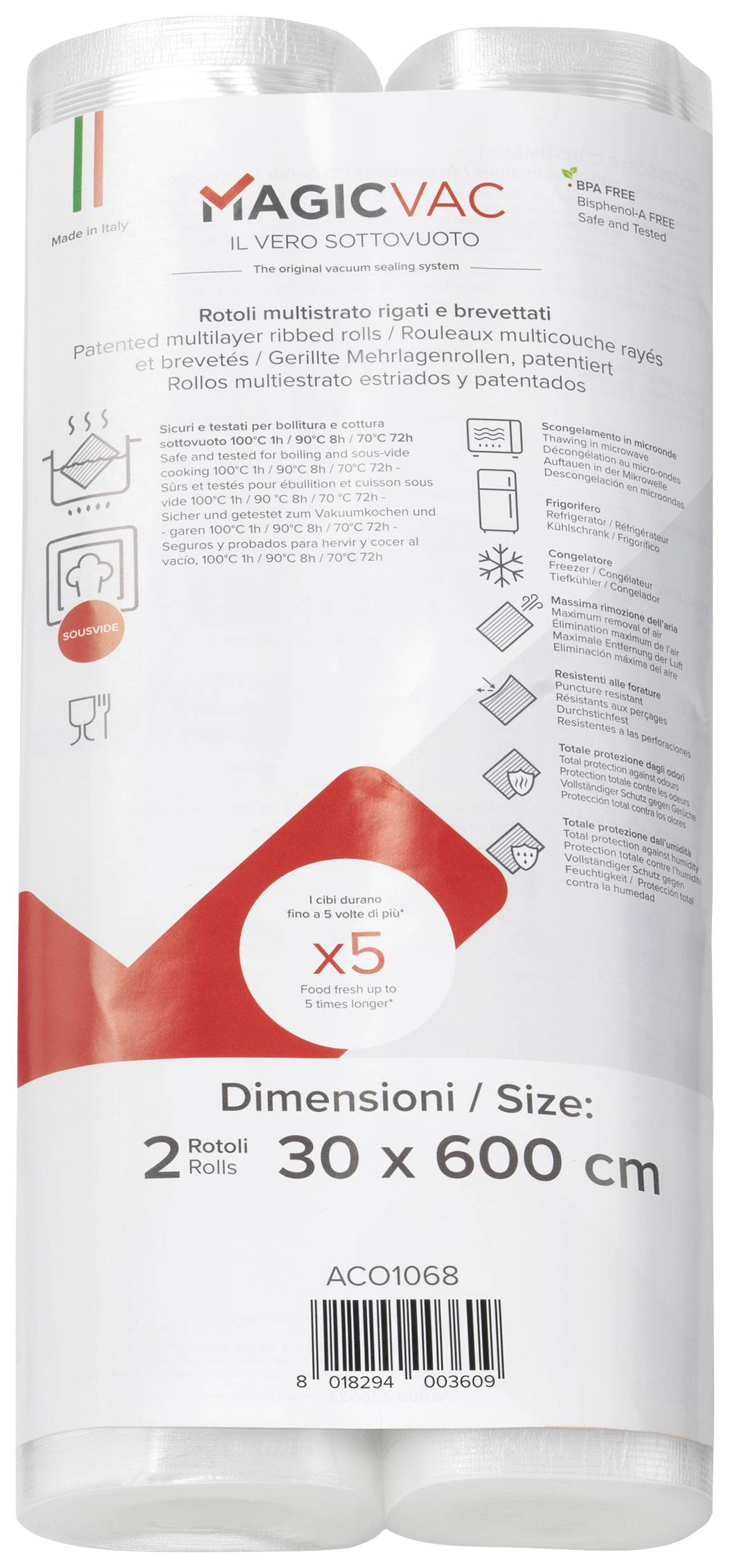 Zwei Vakuumrollen von MagicVac, Größe 30 x 600 cm. Verpackung zeigt 5-fache Frischegarantie und mehrsprachige Beschriftung.