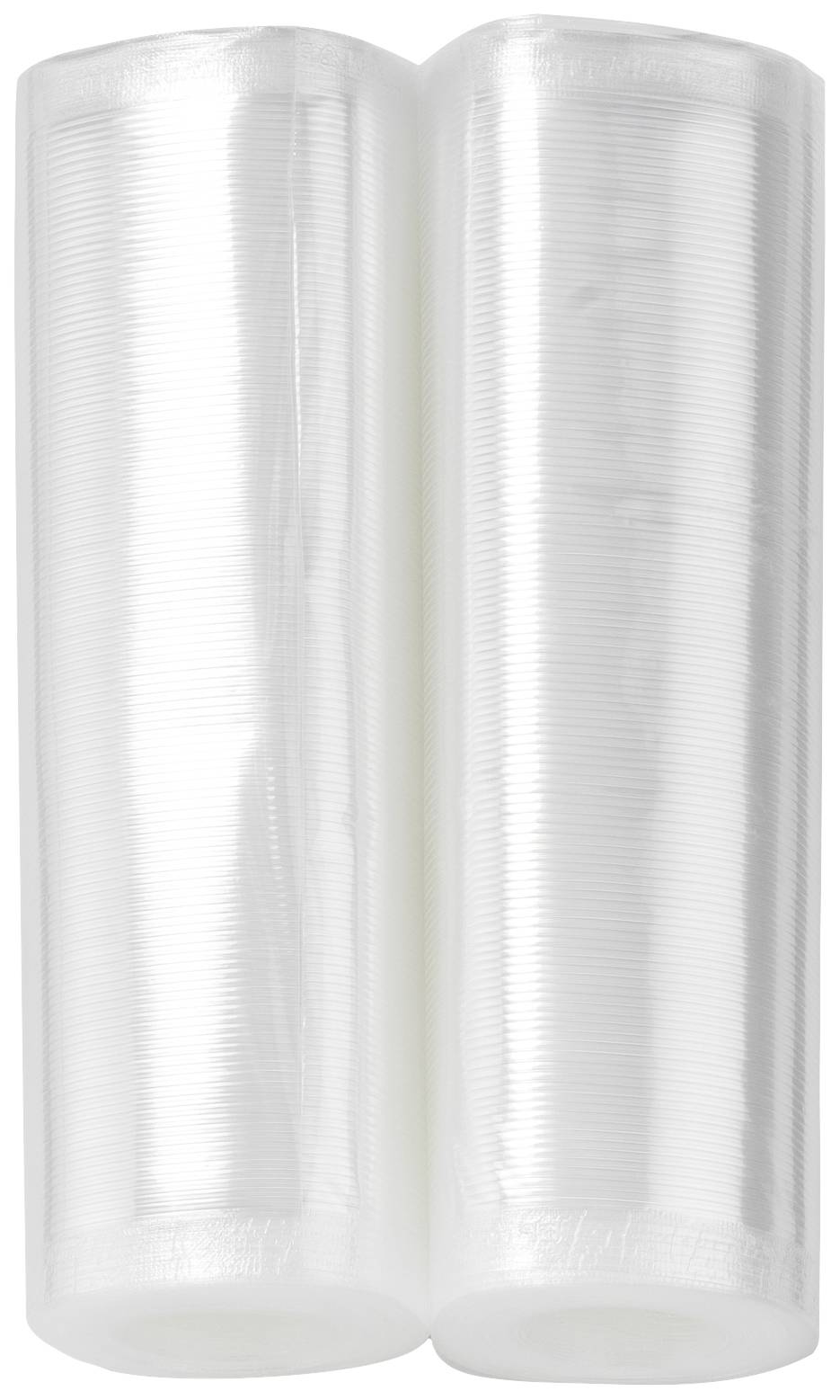 Zwei weiße, durchsichtige Plastikrollen stehen nebeneinander vor einem weißen Hintergrund. Sie sind unbeschriftet und gleich groß.