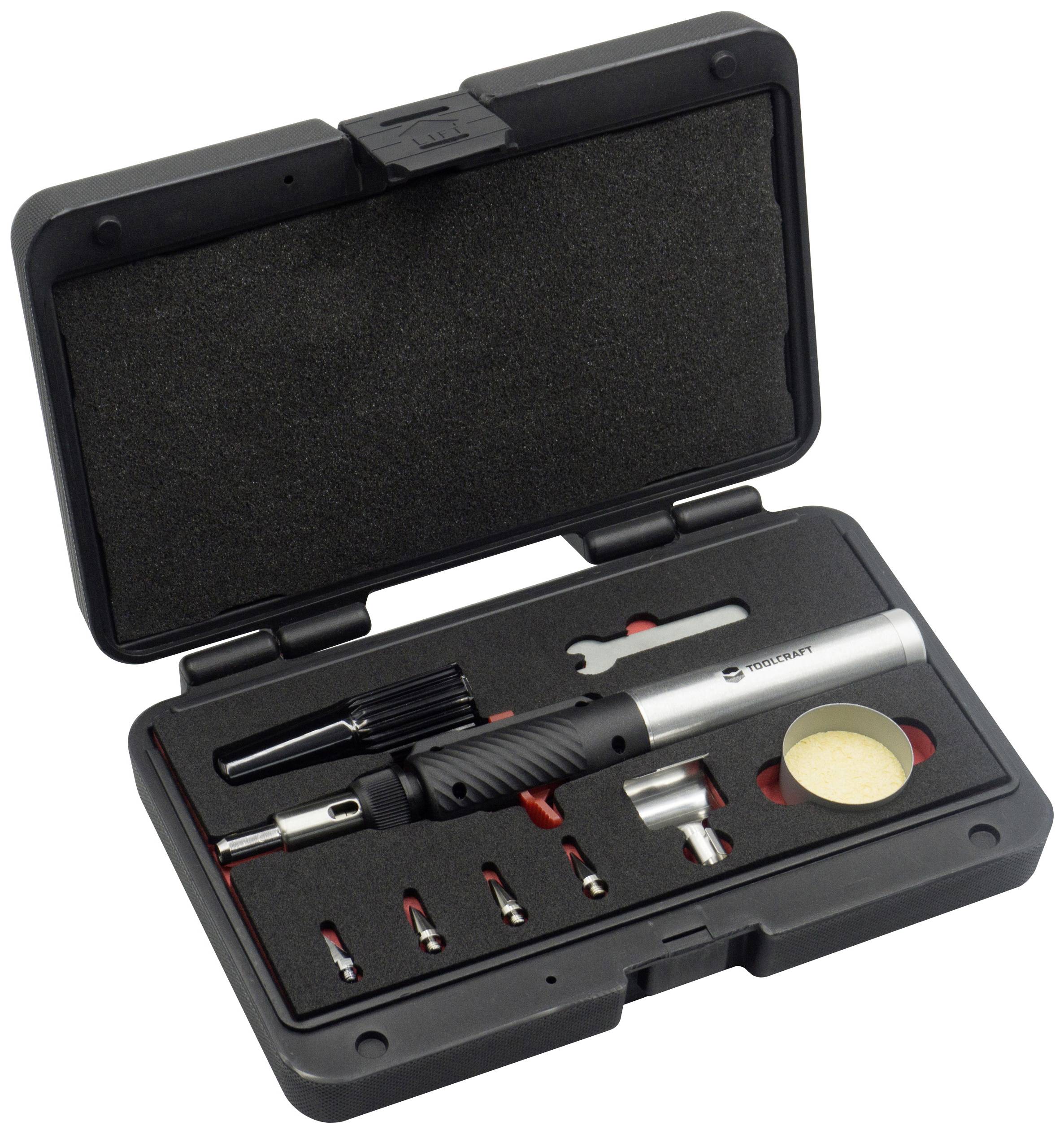 Ein Set von Lötkolbenwerkzeugen in einem schwarzen Etui. Beinhaltet einen Lötkolben, verschiedene Spitzen und Zubehörteile.