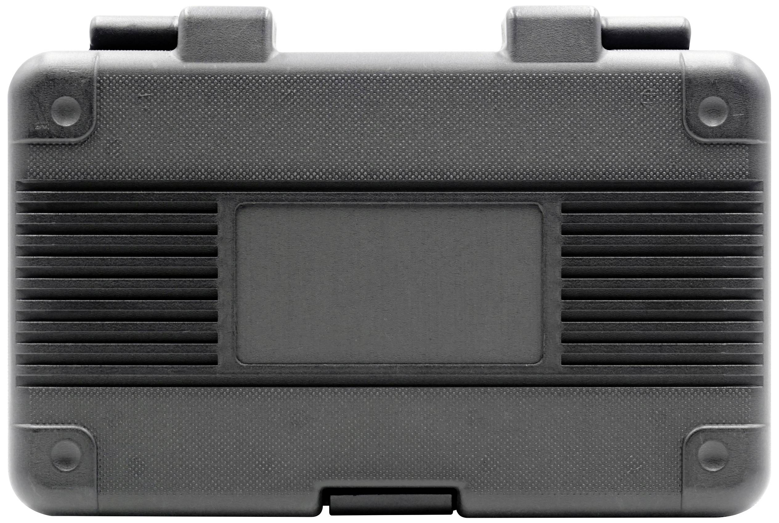 Ein schwarzer Werkzeugkoffer mit geriffelter Oberfläche und rechteckigem Etikettenbereich in der Mitte.