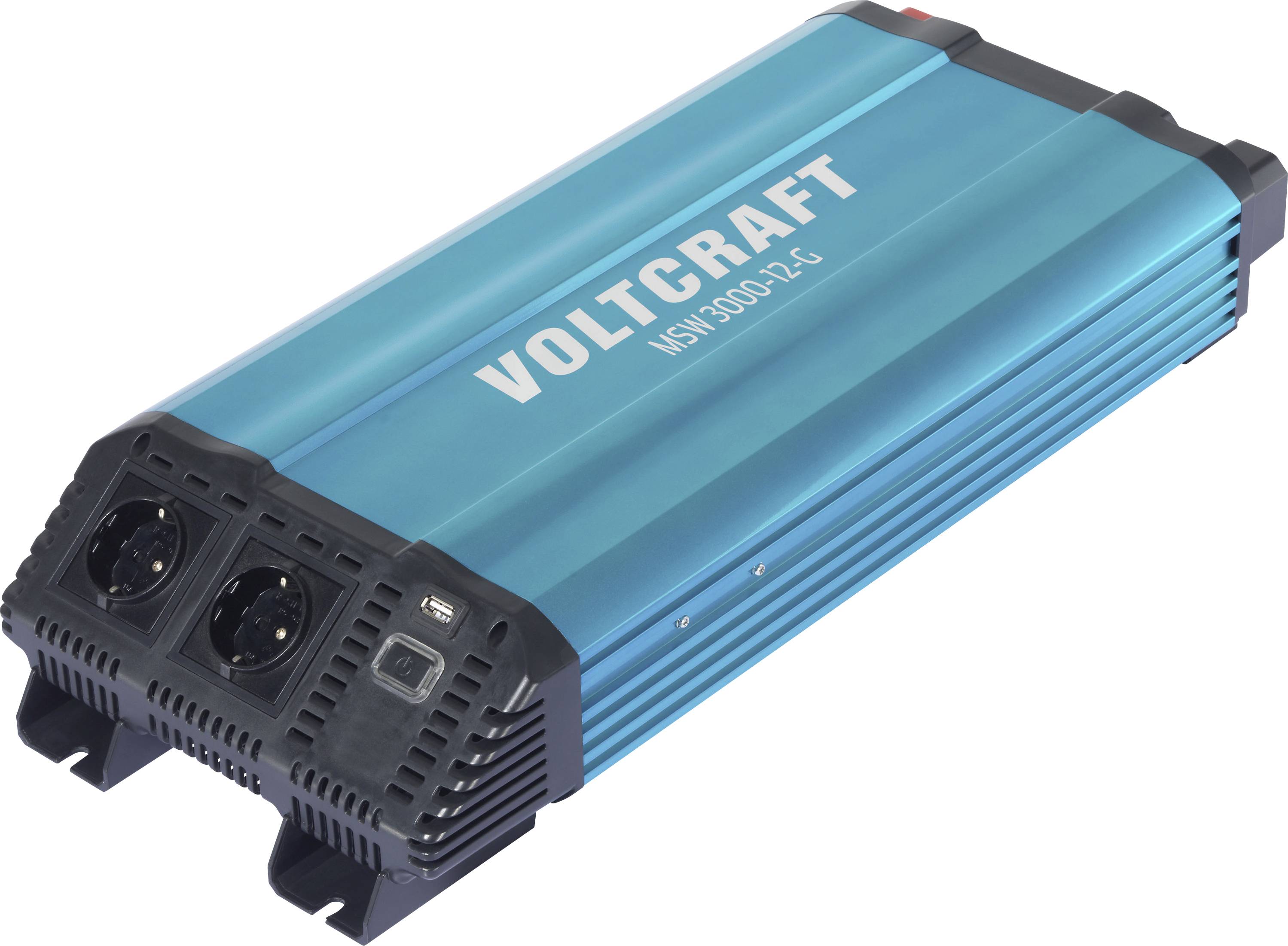 Blauer Voltcraft-Stromwechselrichter mit zwei AC-Steckdosen und einem USB-Anschluss auf weißem Hintergrund.