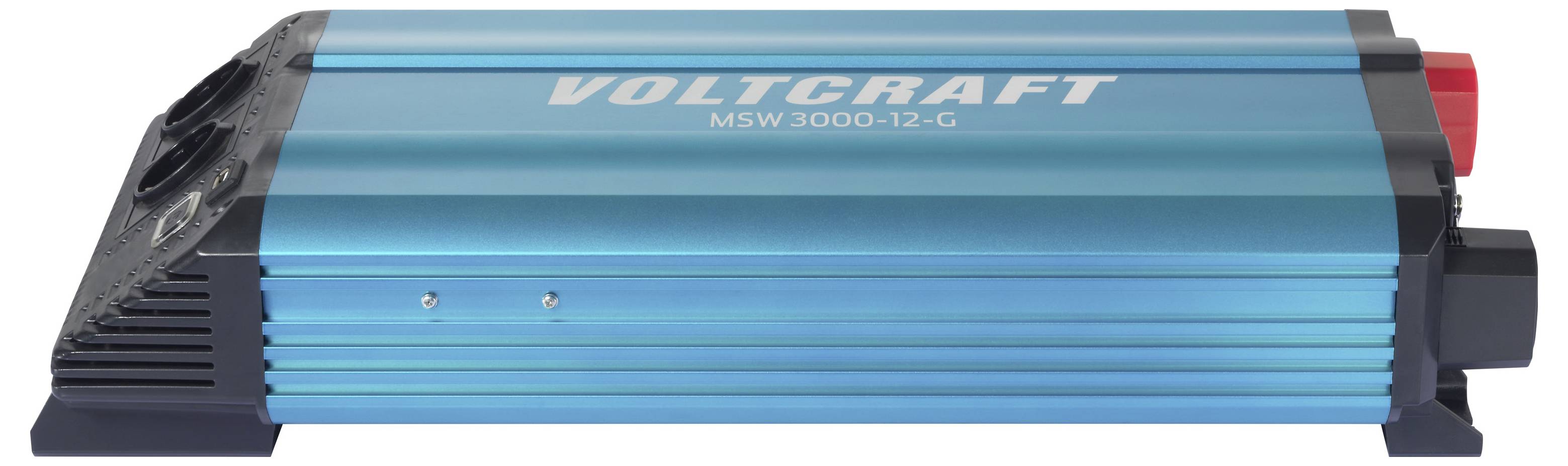 Blauer VOLTCRAFT MSW 3000-12-G Stromwechselrichter mit schwarzen Endkappen und roten/schwarzen Anschllussklemmen, gezeigt in der Seitenansicht.
