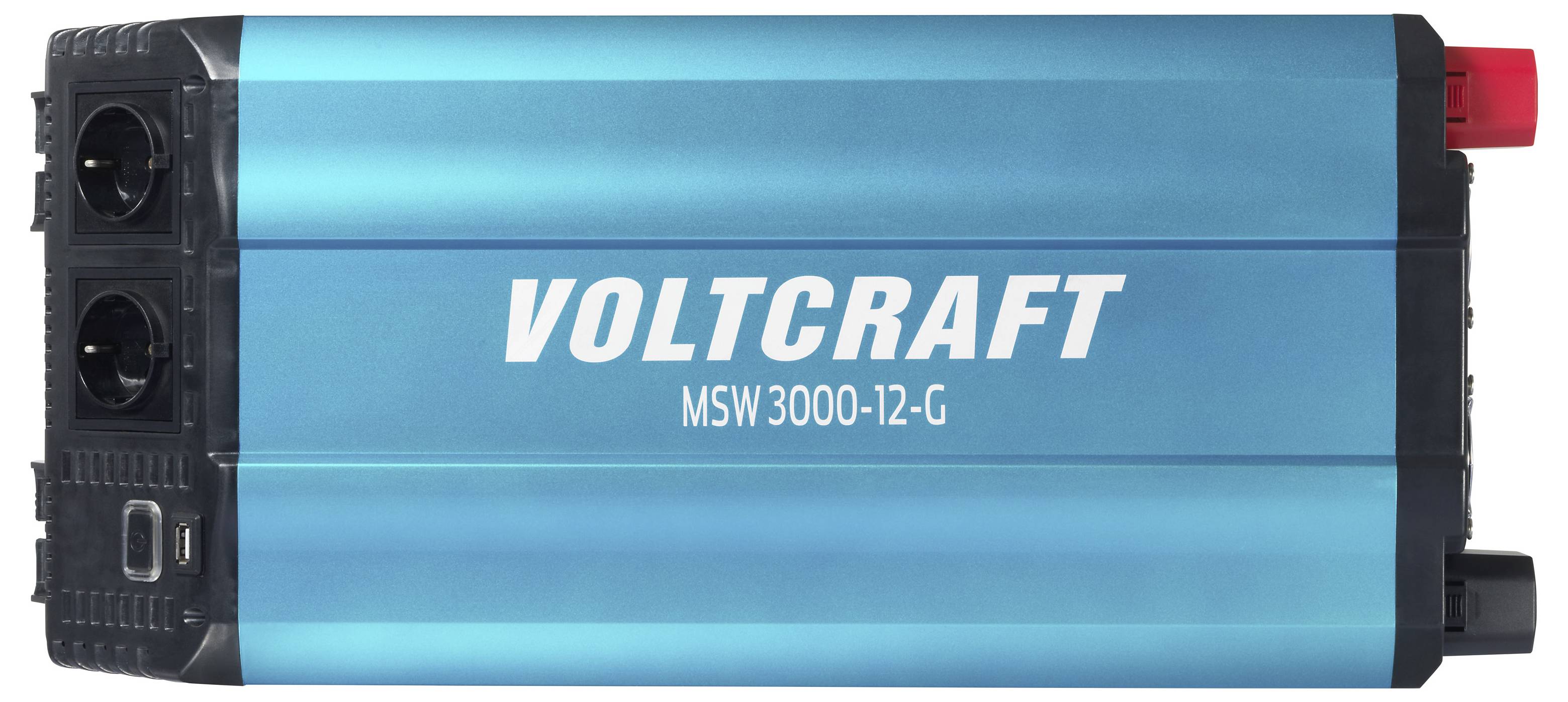 Blauer VOLTCRAFT MSW3000-12-G Stromwechselrichter mit schwarzen Frontanschlüssen und roten/schwarzen Anschlussklemmern.