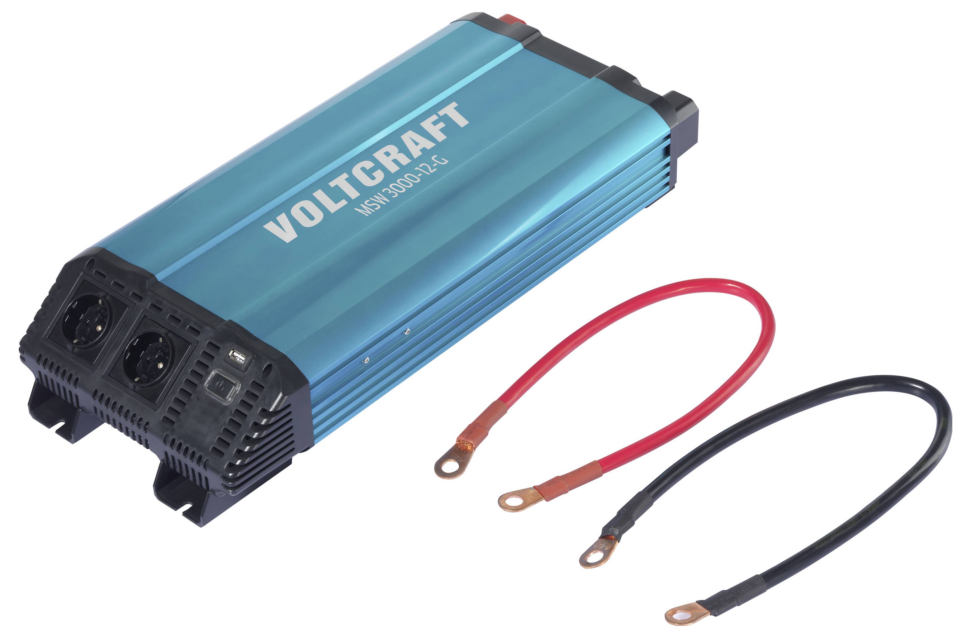Blauer VOLTCRAFT MSW 300-24 Gleichstrom-zu-Wechselstrom-Wechselrichter mit zwei roten und schwarzen Kabelleitungen auf weißem Hintergrund