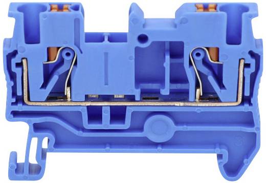 Ein blauer elektrischer Steckverbinder, der zwei Leitungsanschlüsse ermöglicht. Er zeigt die innere Mechanik und den Anschlussmechanismus.
