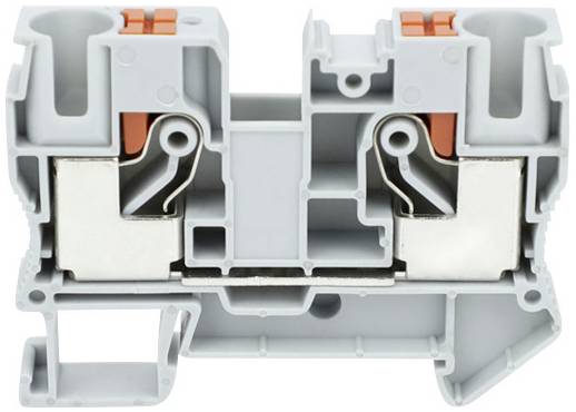 Grauer elektrischer Reihenklemmenblock mit zwei Metallleitern und orangefarbenen Verriegelungselementen, geeignet für Schalttafeln.