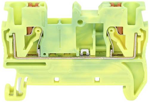 Grün-gelber elektrischer Klemmenblock mit Metallkontakten und Anschlüssen, verwendet für den Anschluss von Kabeln in elektrischen Anlagen.