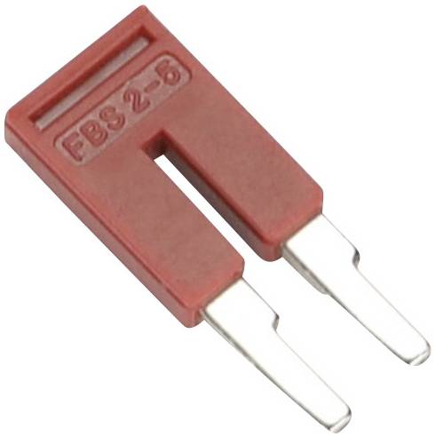 Roter Doppelstecker mit der Aufschrift 'FBS 2-5', bestehend aus einem flachen Kunststoffstück mit zwei metallenen Kontaktstiften.