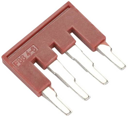 Ein roter Brückenstecker mit vier metallischen Stiften, beschriftet mit 'FBS 4-8', verwendet für elektrische Verbindungen auf Leiterplatten.