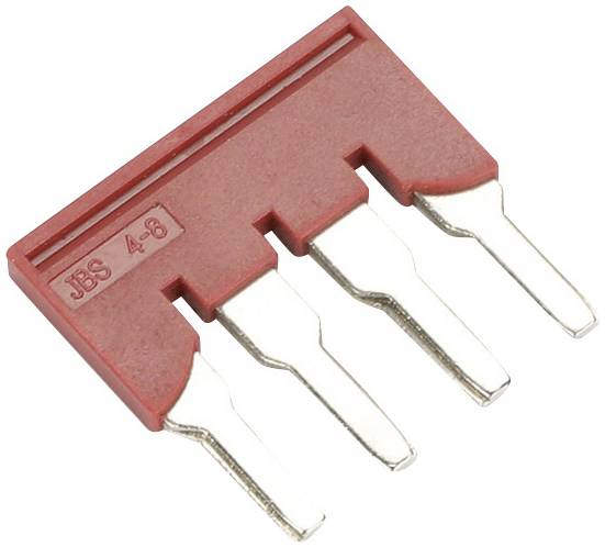 Ein roter Jumper-Block mit vier metallischen Stiften, gekennzeichnet mit 'JB 4-3', dient zur elektrischen Verbindung in Leiterplatten.
