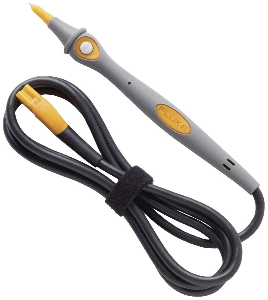 'Fluke'-Spannungsprüfstift mit grauem Gehäuse und orangenem Knopf, daneben ein schwarzes Kabel mit gelbem Stecker.