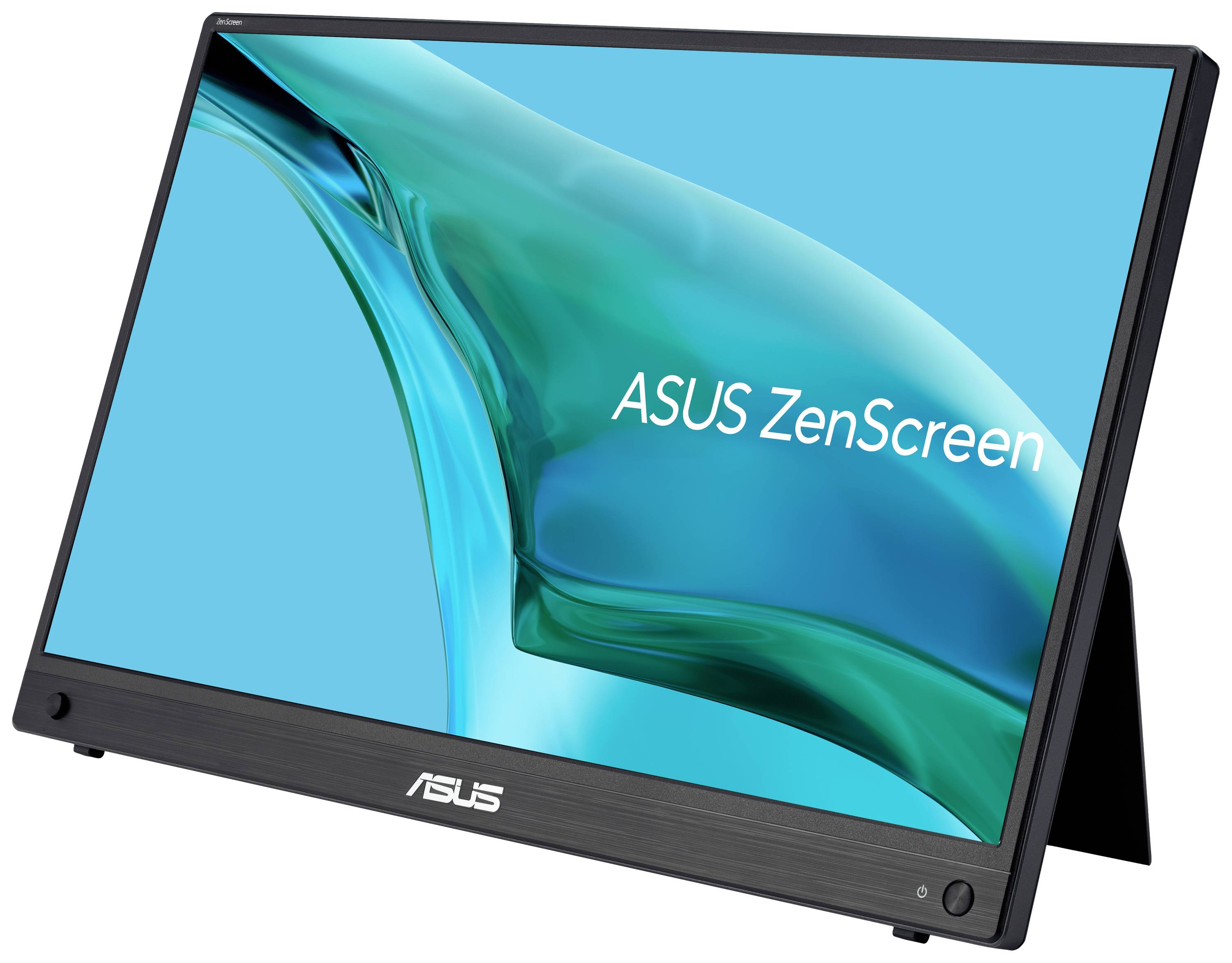 Tragbarer Monitor ASUS ZenScreen in schräger Seitenansicht mit blauem Bildschirmhintergrund und Produktnamen.