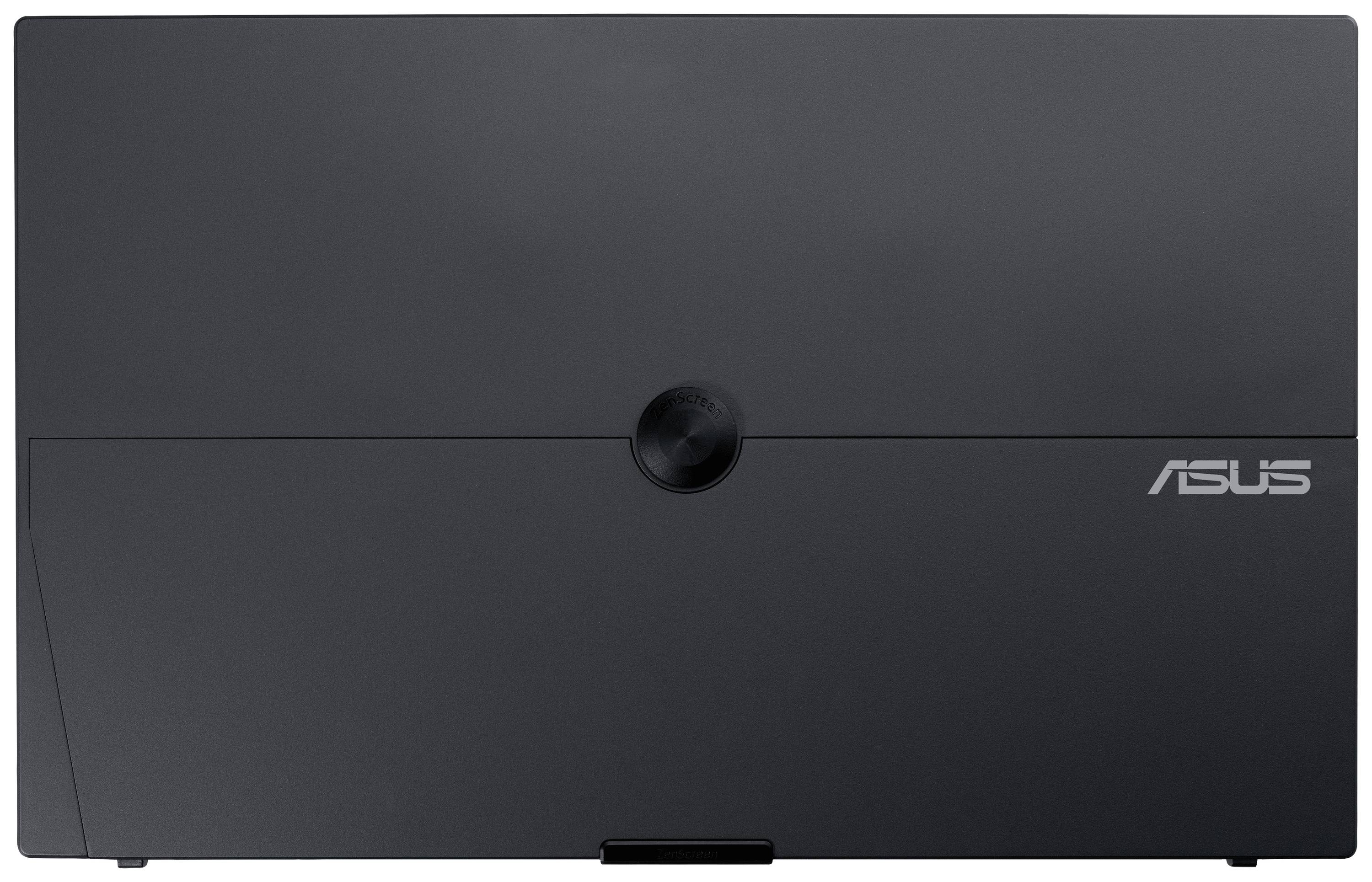 Laptop-Schutzhülle aus schwarzem Kunststoff mit einem mittigen runden Knopf. Auf der rechten Seite ist das Asus-Logo in Weiß zu sehen.