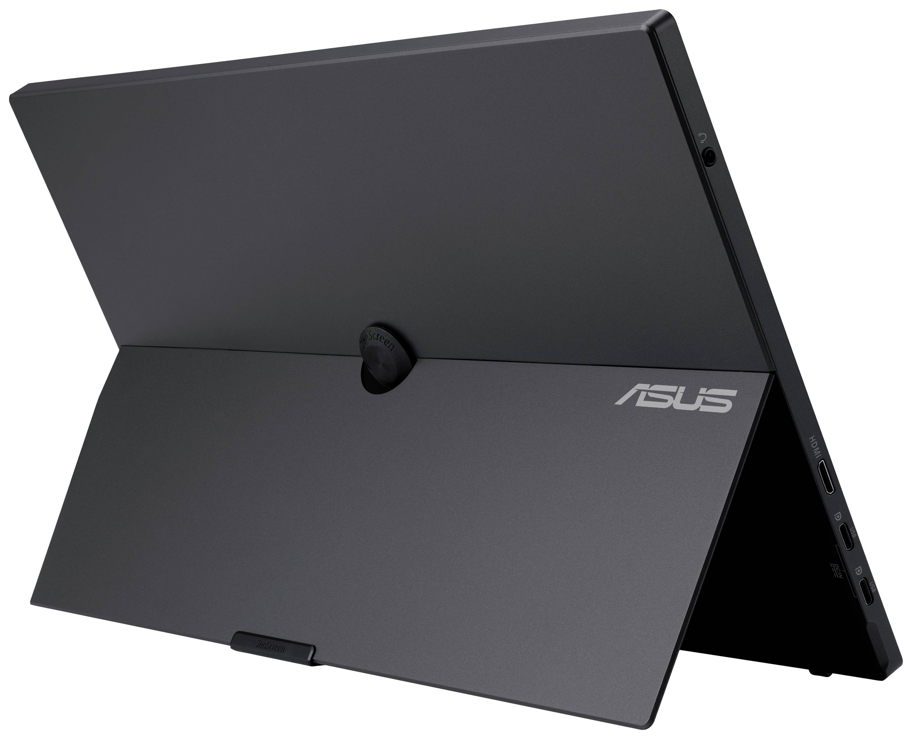 Rückansicht eines schlanken Laptops mit Kunststoff-Ständer. Das ASUS-Logo ist auf der grauen Abdeckung sichtbar. Mehrere Anschlüsse an der Seite.