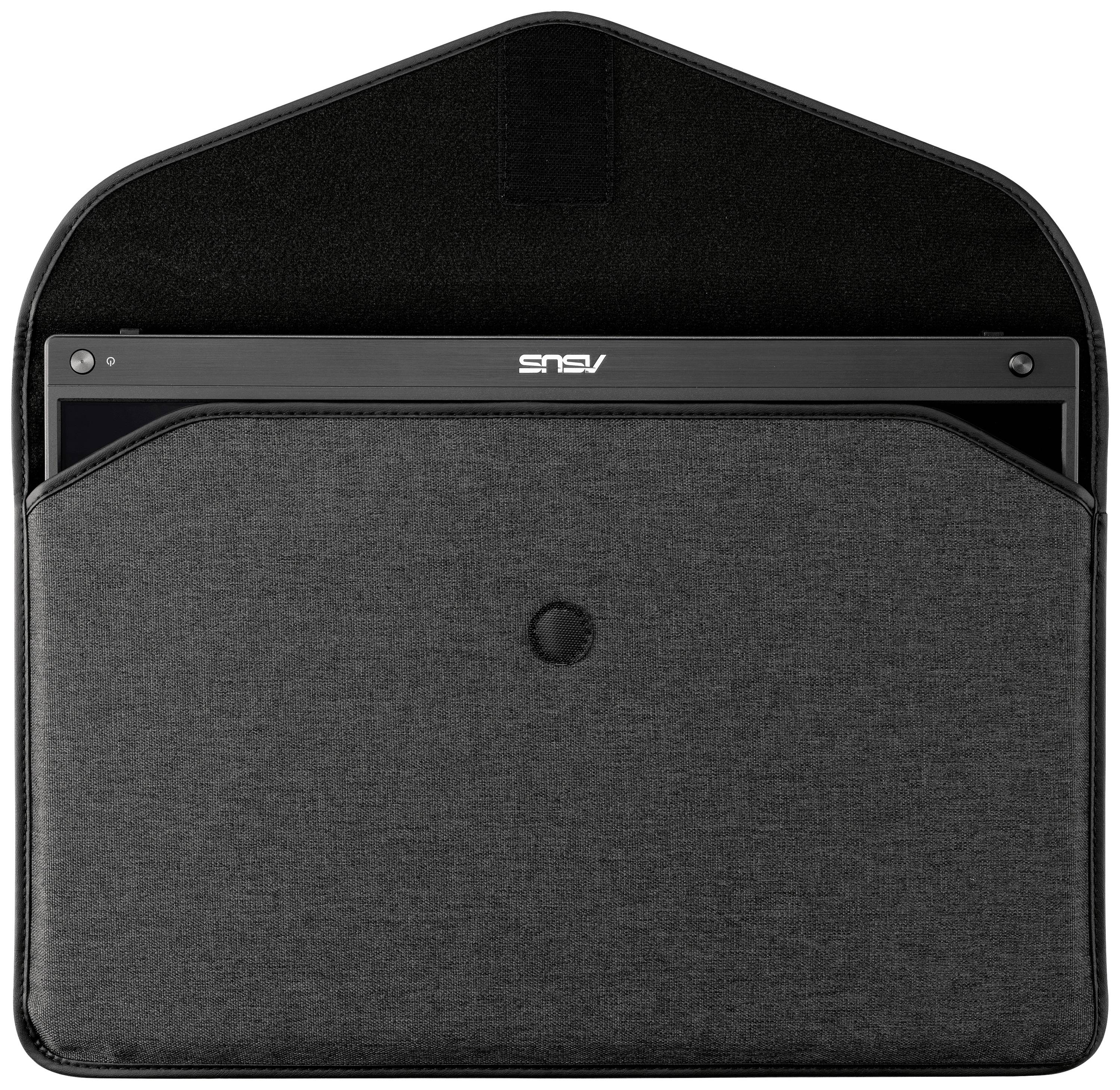 Eine schwarze Laptophülle mit einem teilweise herausragenden Laptop, sichtbar durch den 