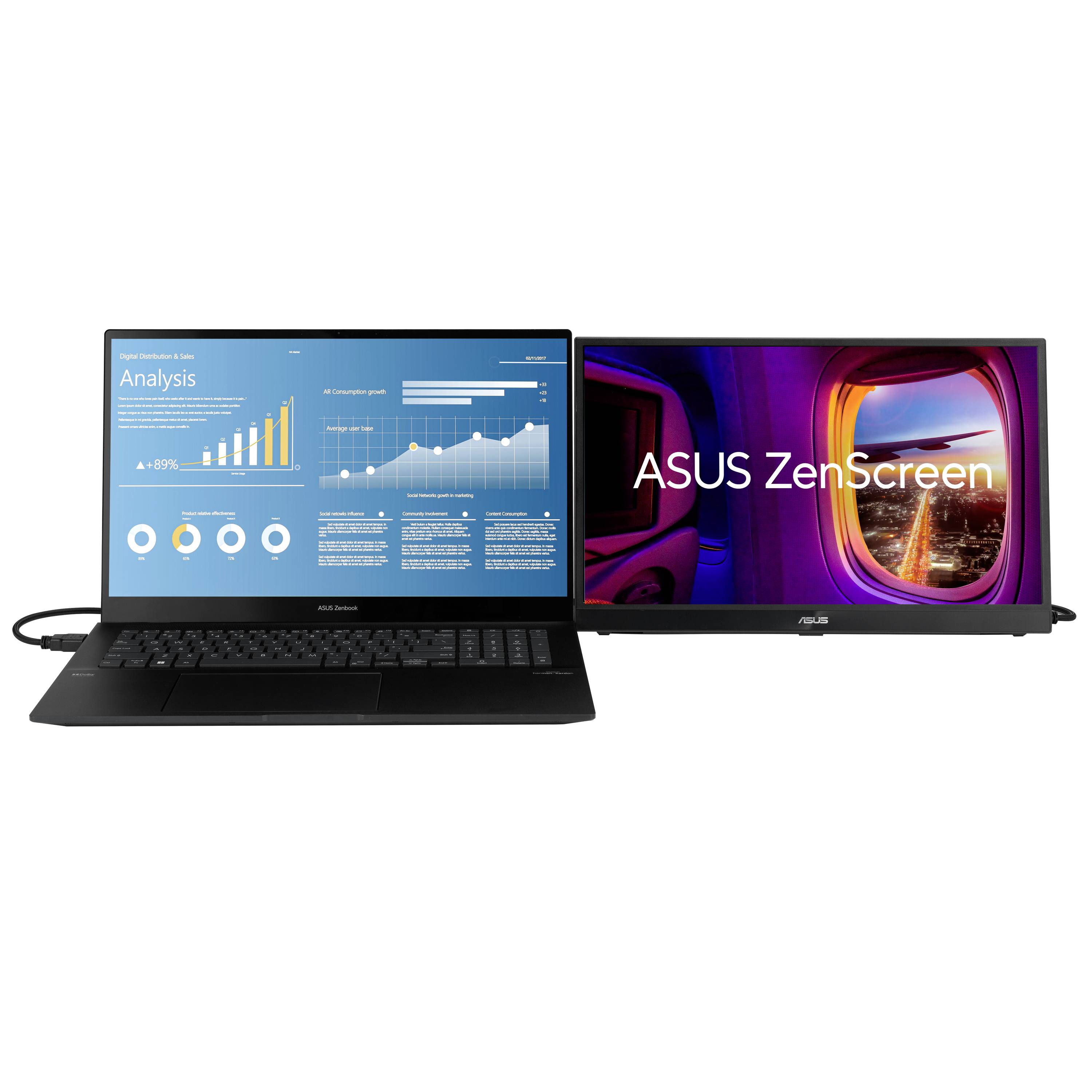 Zwei Bildschirme, einer mit einem Datenanalyse-Diagramm und der andere zeigt 'ASUS ZenScreen', verbunden für erweiterten Monitorgebrauch.