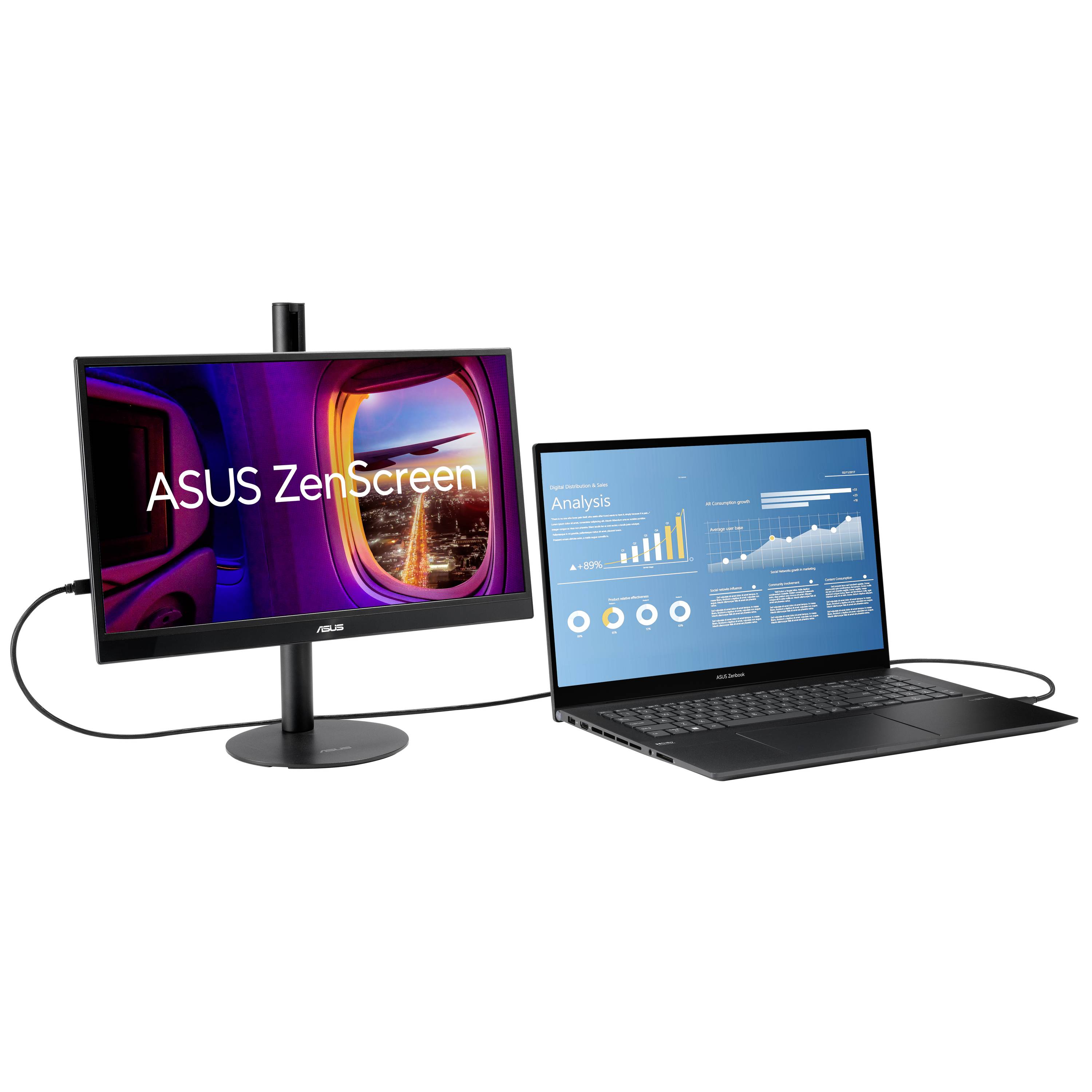 Ein Laptop ist mit einem ASUS ZenScreen-Monitor verbunden. Auf dem Laptop sind Datenvisualisierungen und Analysen zu sehen.