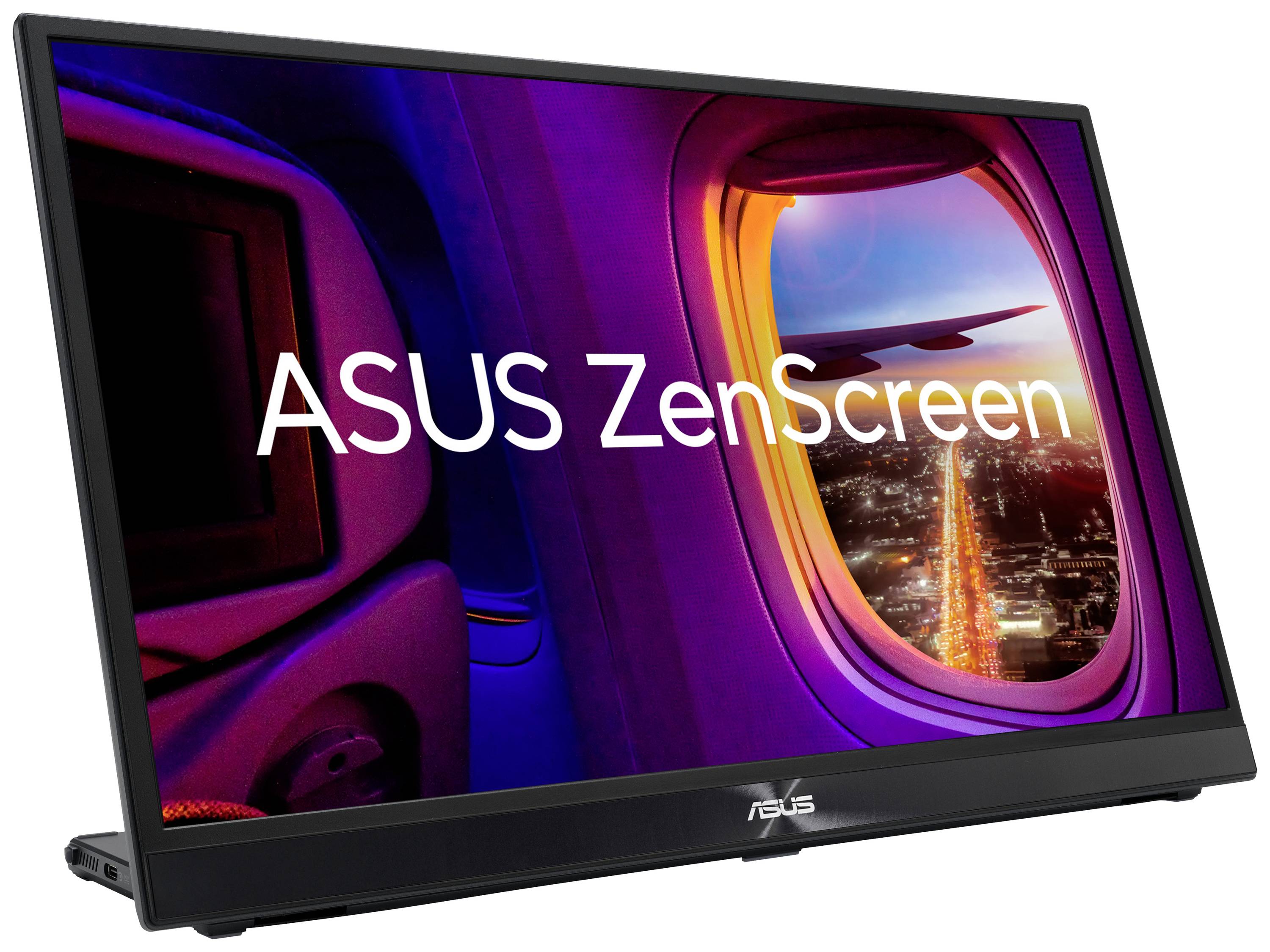 Tragbarer ASUS-Bildschirm mit der Aufschrift 'ASUS ZenScreen', abgebildet vor einem Flugzeugfenster mit nächtlicher Stadtansicht.