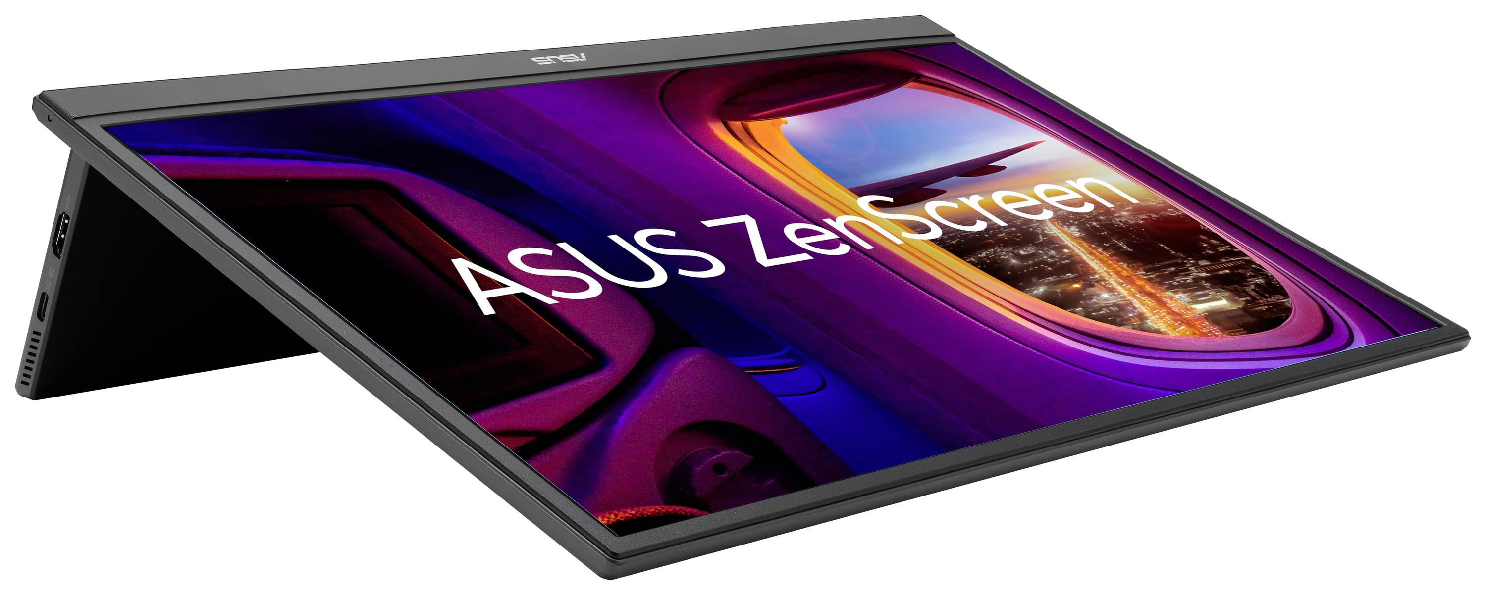 Tragbarer ASUS ZenScreen-Monitor mit Bild eines beleuchteten Stadtblicks durch ein Flugzeugfenster.