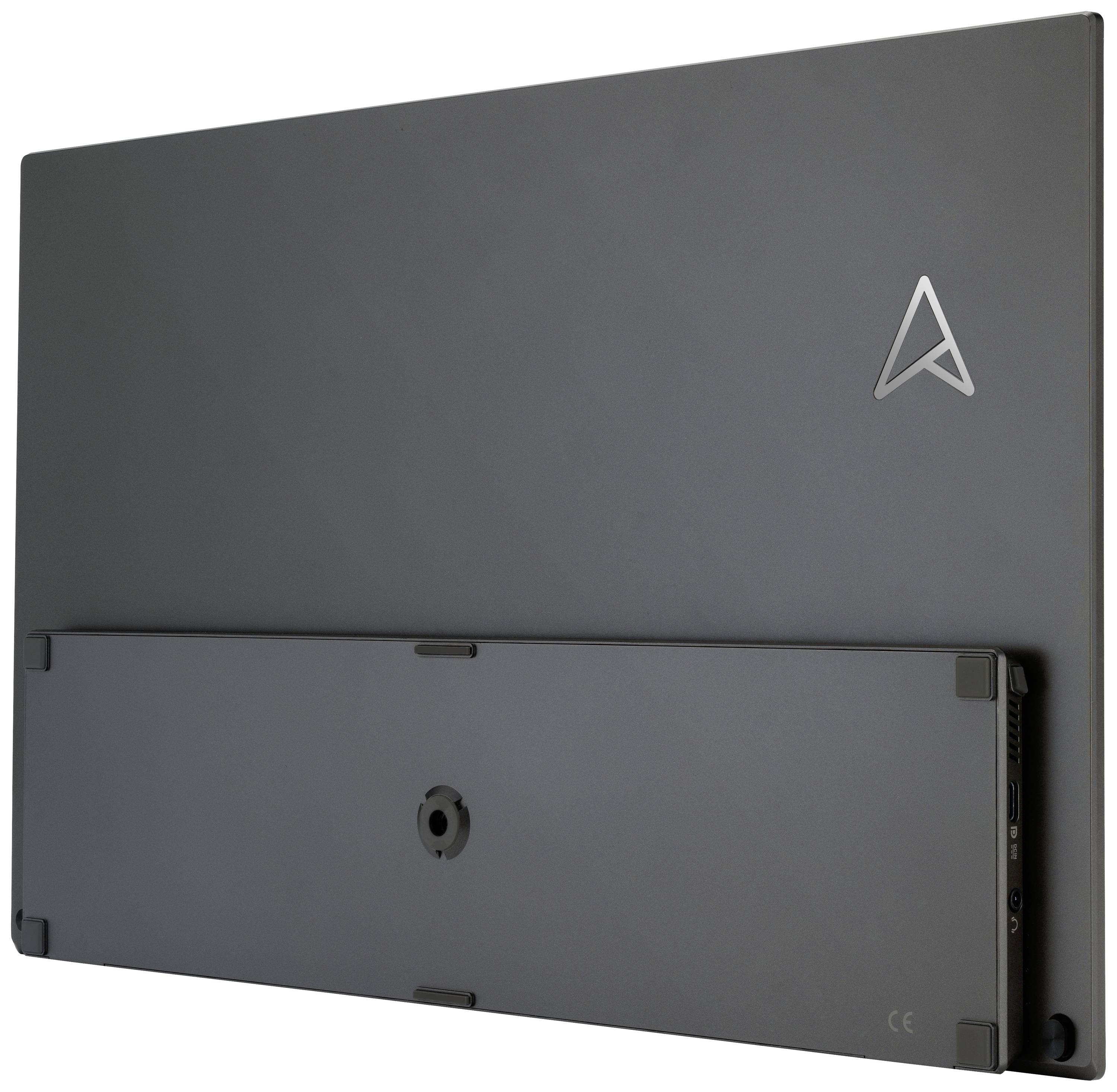 Ein grauer Computermonitor von hinten mit einem markanten Dreieck-Logo in der oberen rechten Ecke.