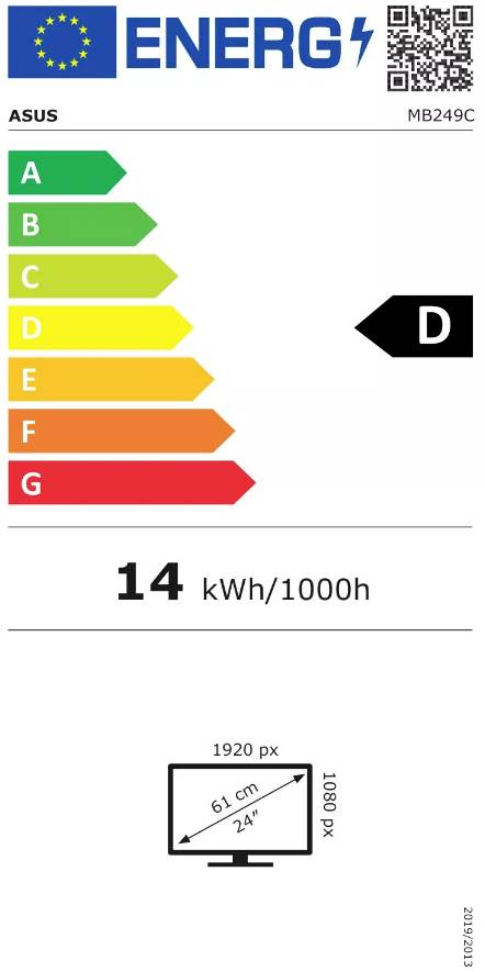 Energieeffizienzlabel für Asus-Monitor. Einstufung 'D'. Verbrauch: 14 kWh/1000h. Bildschirmgröße: 24 Zoll, 61 cm. QR-Code oben.