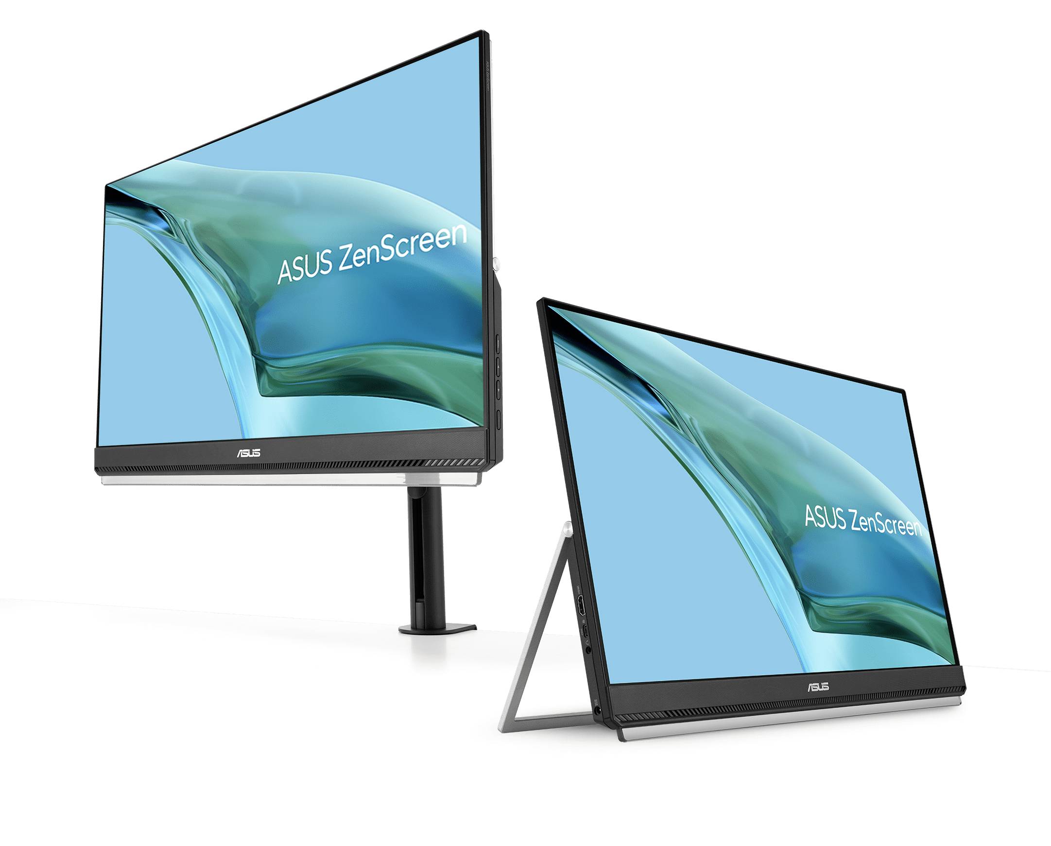 Zwei ASUS ZenScreen-Monitore mit blauen Hintergründen und Wasser-Design, einer auf einem Ständer, der andere mit einem integrierten Standfuß.