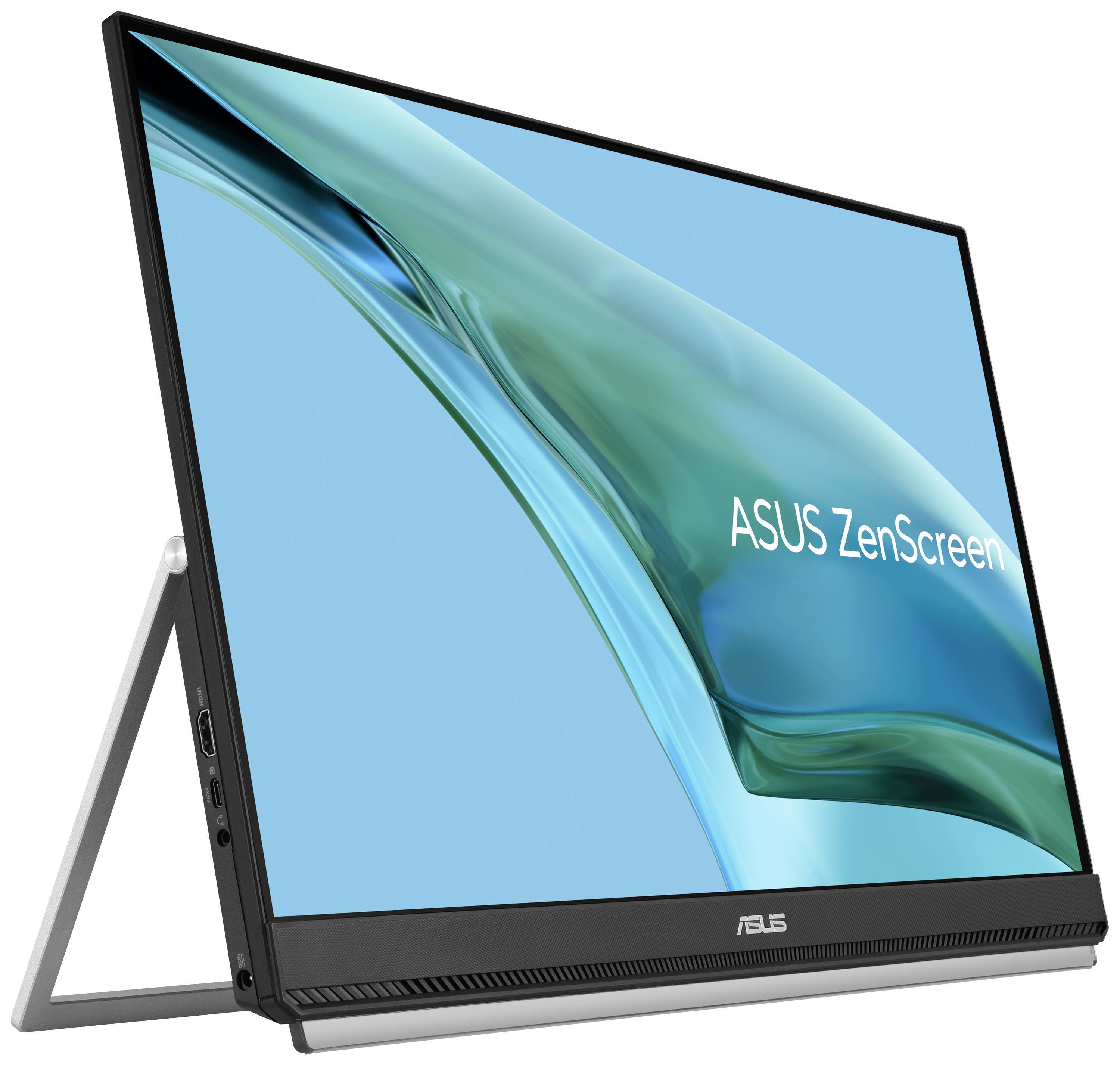 Ein tragbarer ASUS ZenScreen-Monitor steht auf einem Standfuß. Der Bildschirm zeigt blaue und grüne abstrakte Wellenformen.
