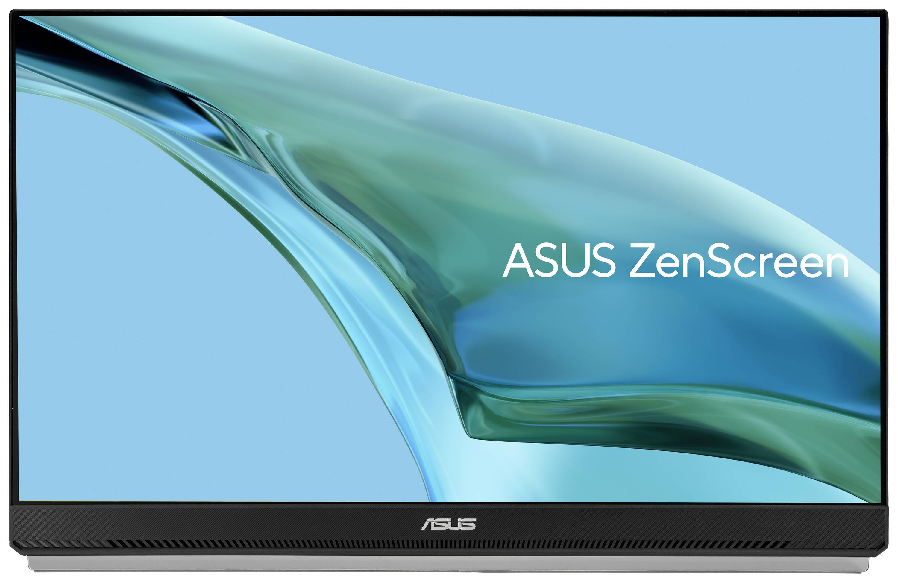 Ein ASUS ZenScreen-Monitor zeigt ein abstraktes Wasserdesign. Links: Eine durchscheinende, grüne Welle auf einem blauen Hintergrund.