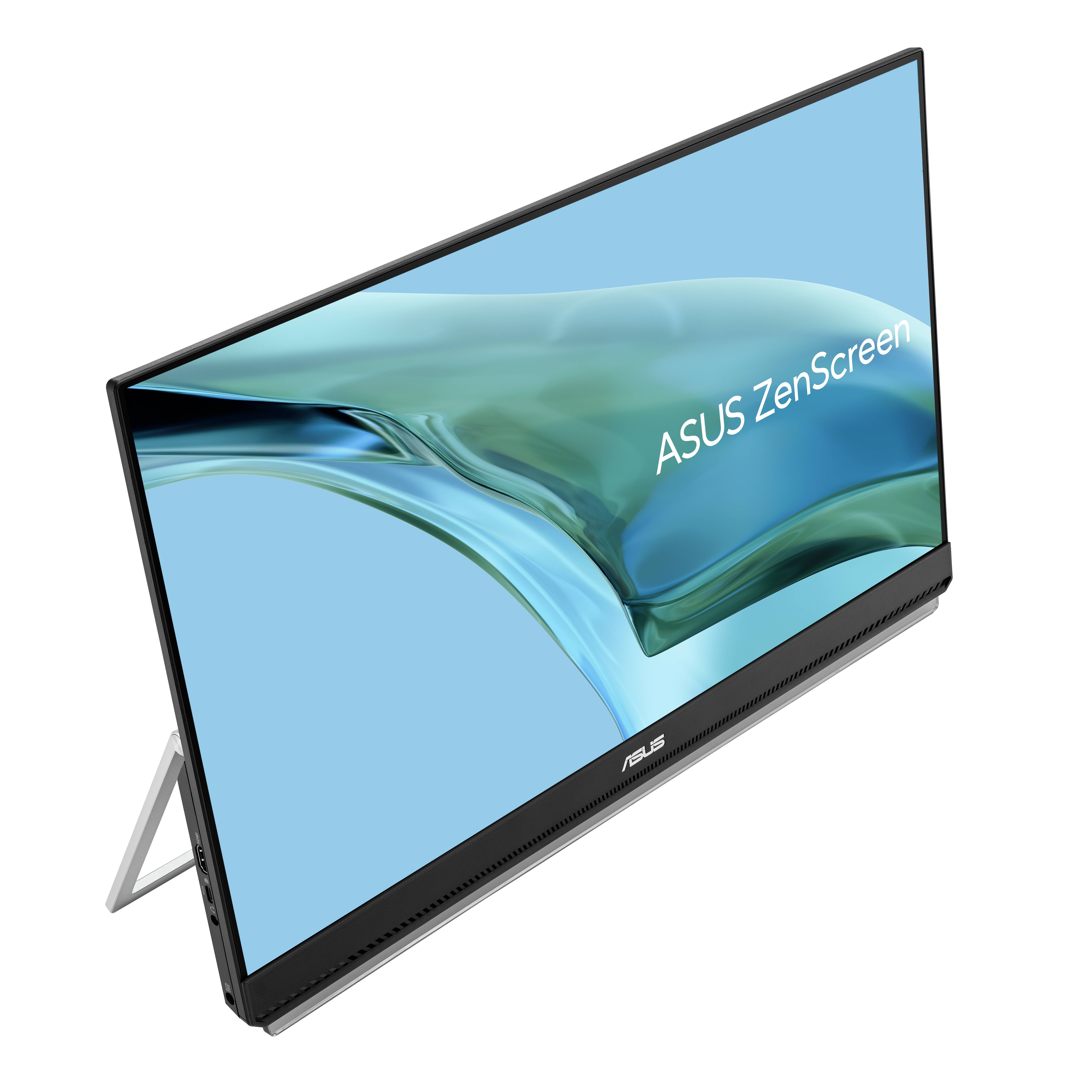Ein Asus ZenScreen tragbarer Monitor, seitlich auf einem Ständer positioniert, mit einem blauen Bildschirmhintergrund.