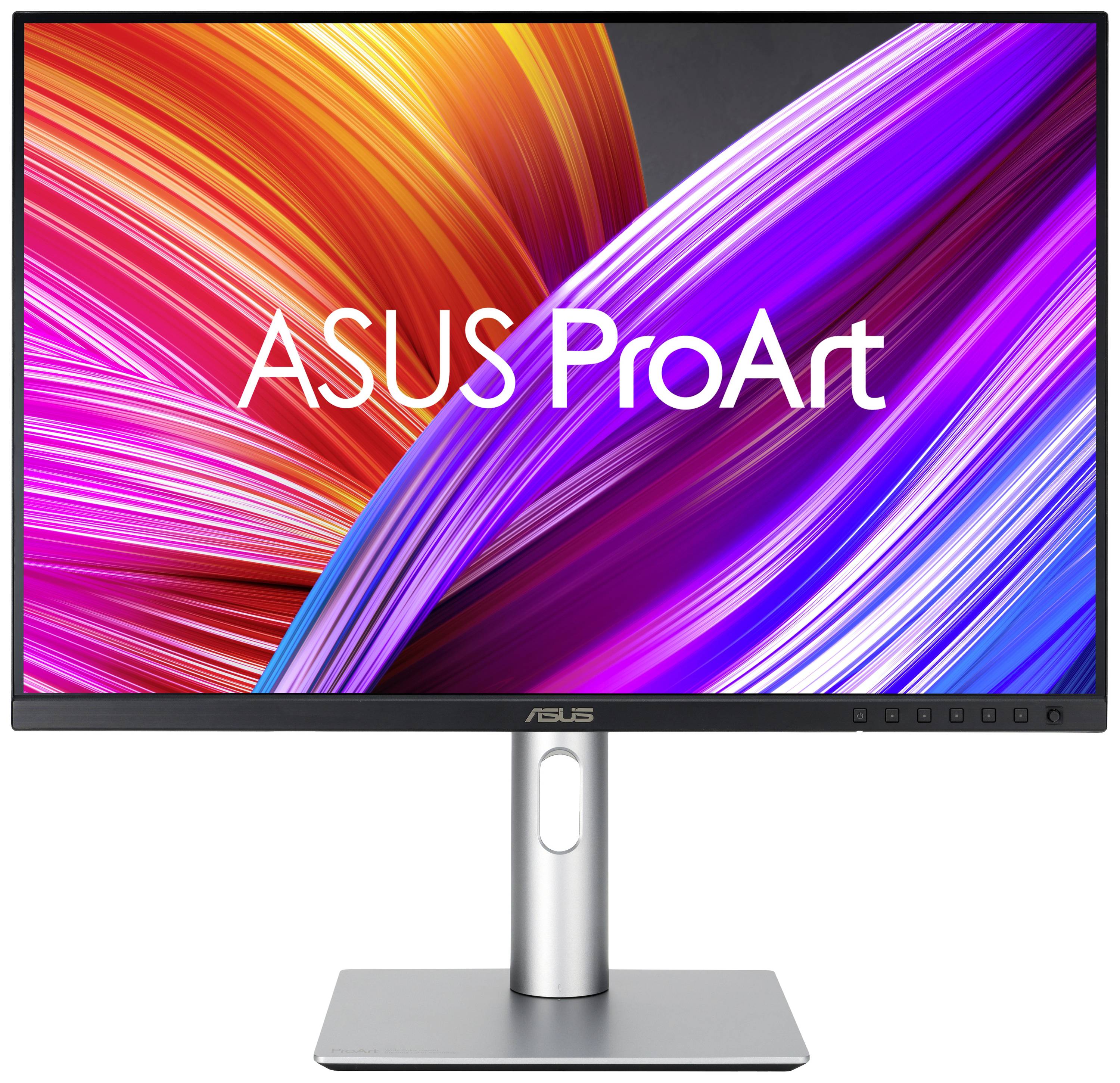 Ein ASUS ProArt Monitor mit leuchtenden, bunten grafischen Mustern. Hauptmerkmal ist die Darstellung lebendiger Farben.