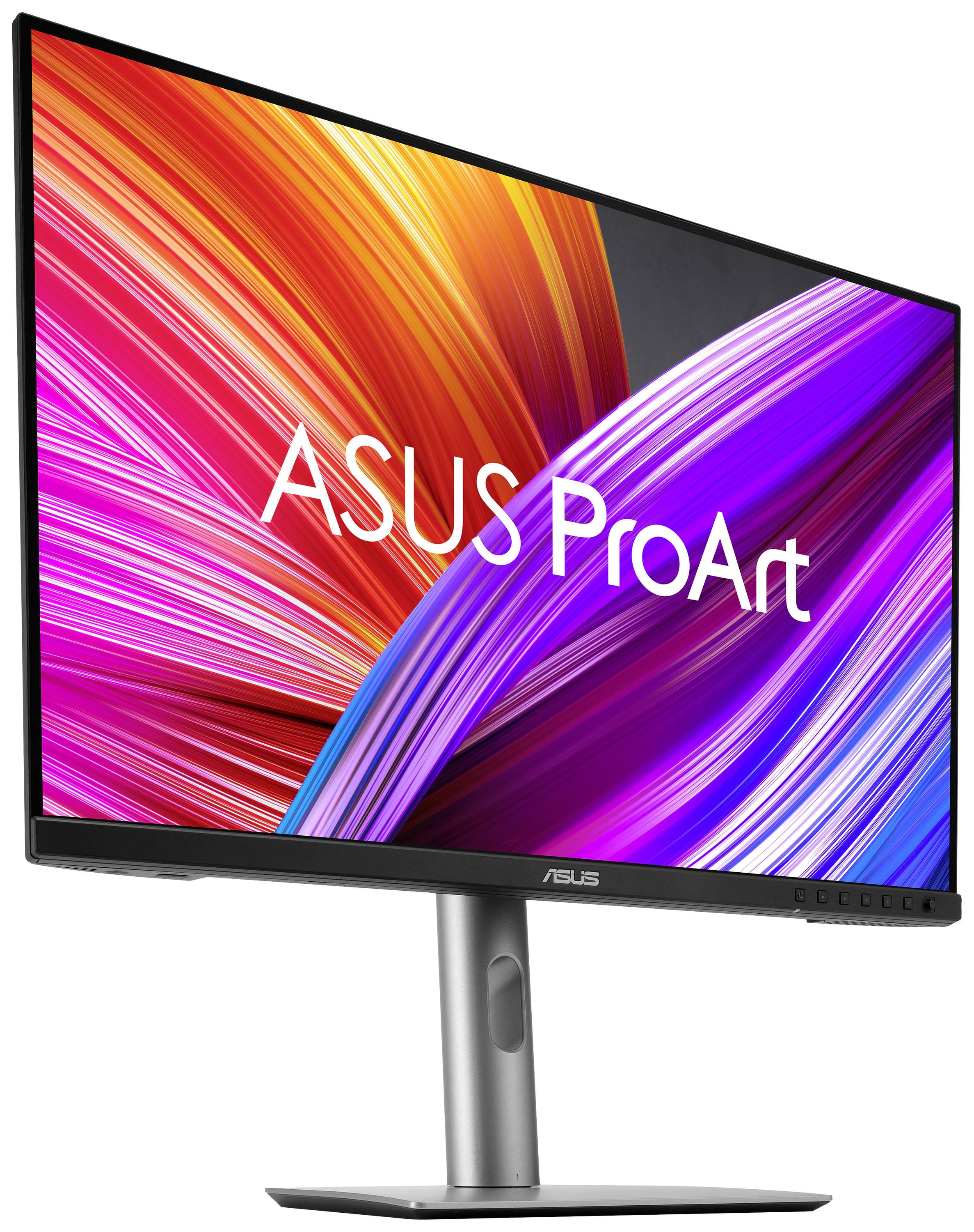 Ein ASUS ProArt Monitor mit leuchtenden, abstrakten Farben auf dem Bildschirm.