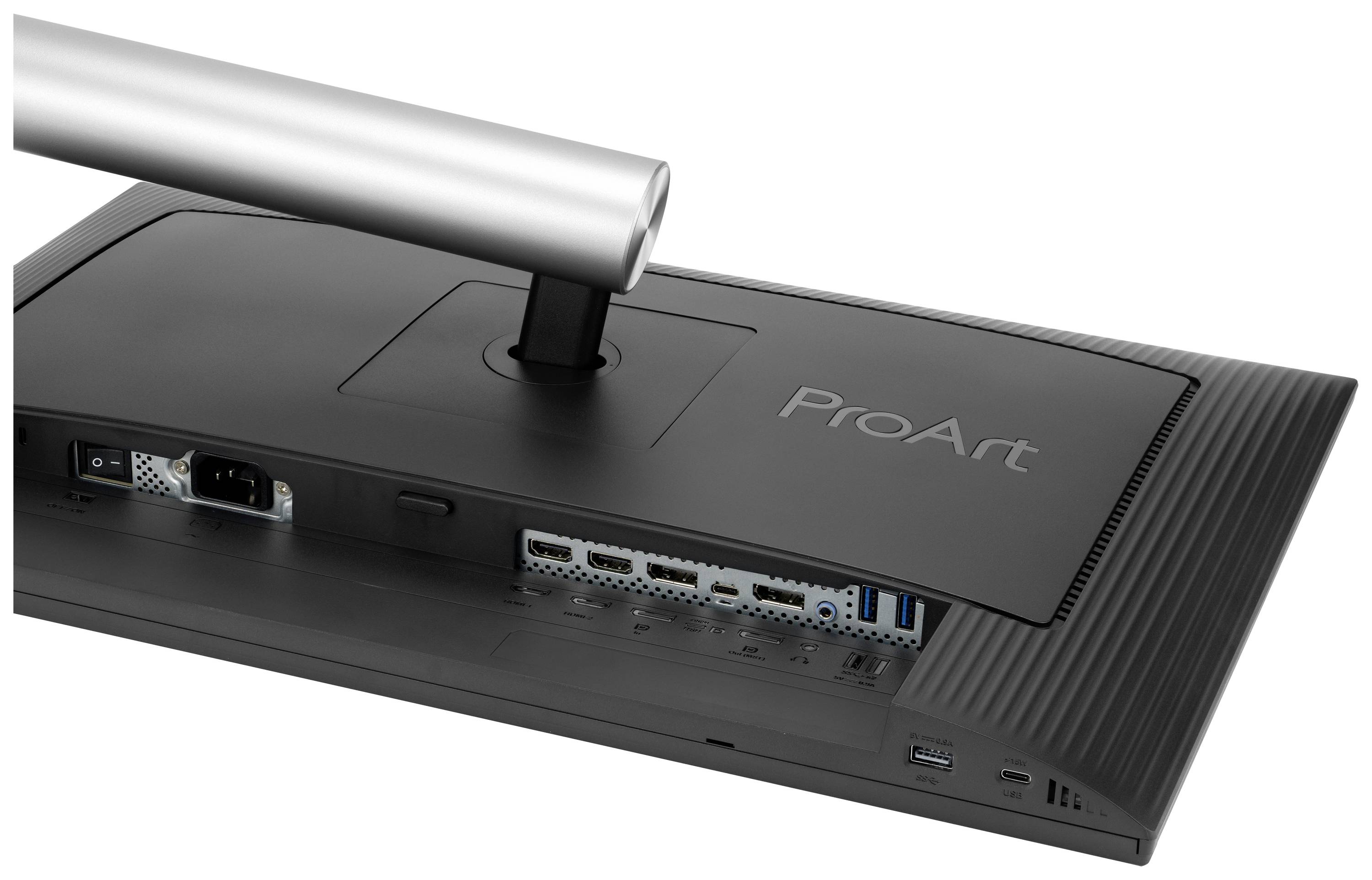 Rückansicht eines Monitors mit der Aufschrift 'ProArt'. Sichtbare Anschlüsse und ein Metallständer.
