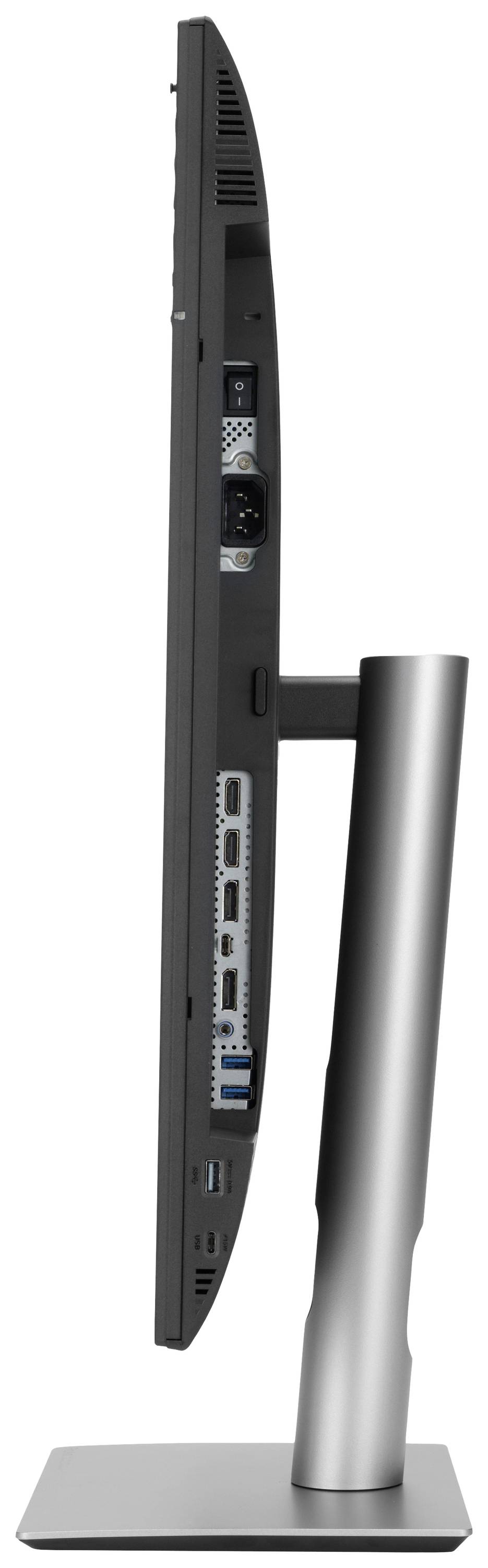 Seitenansicht eines dünnen Monitors auf einem stabilen Standfuß. Sichtbar sind mehrere Anschlussmöglichkeiten auf der Rückseite.