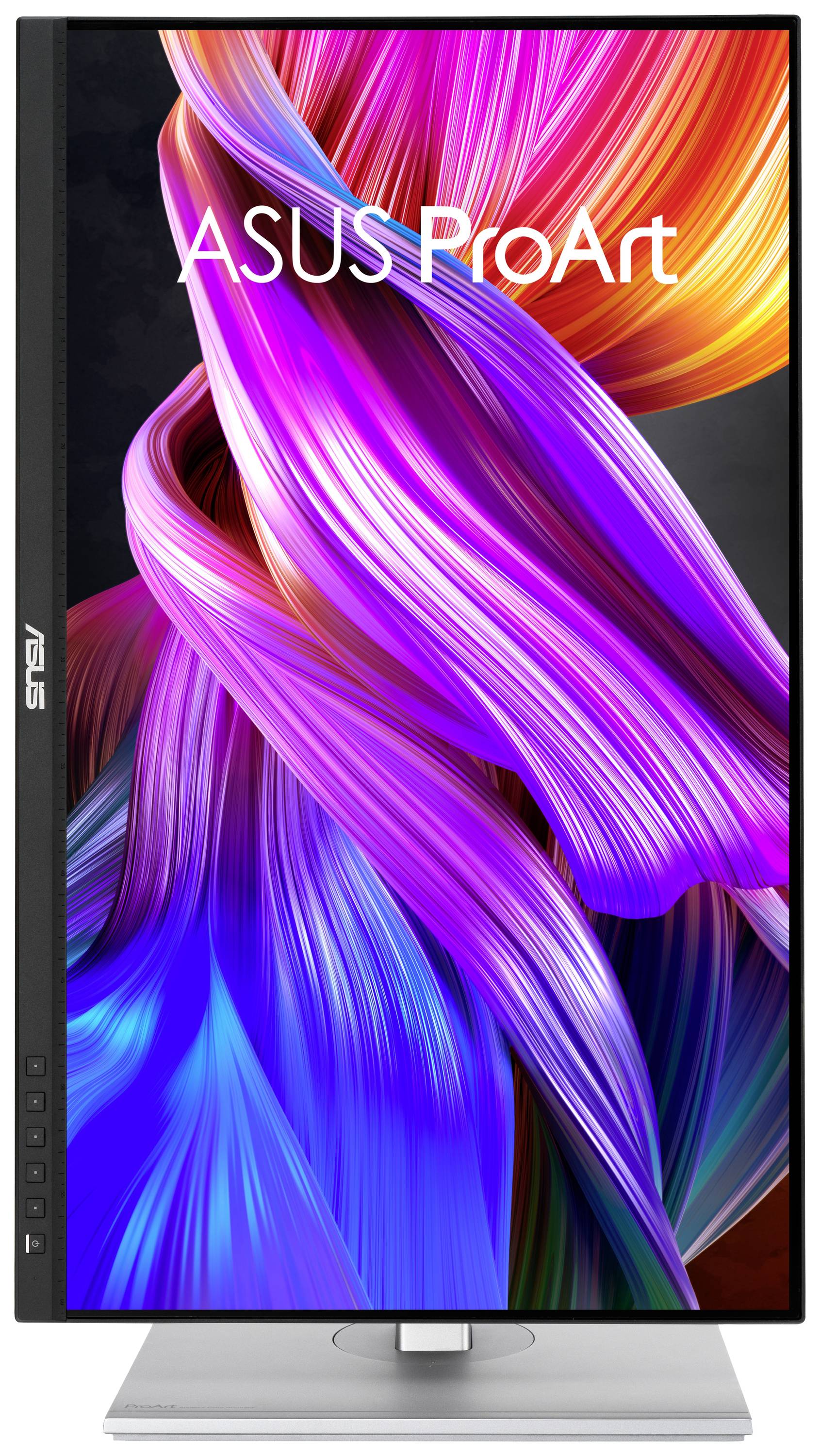 Ein Monitor der Marke ASUS ProArt zeigt lebendige, bunte abstrakte Kunst auf dem Bildschirm.