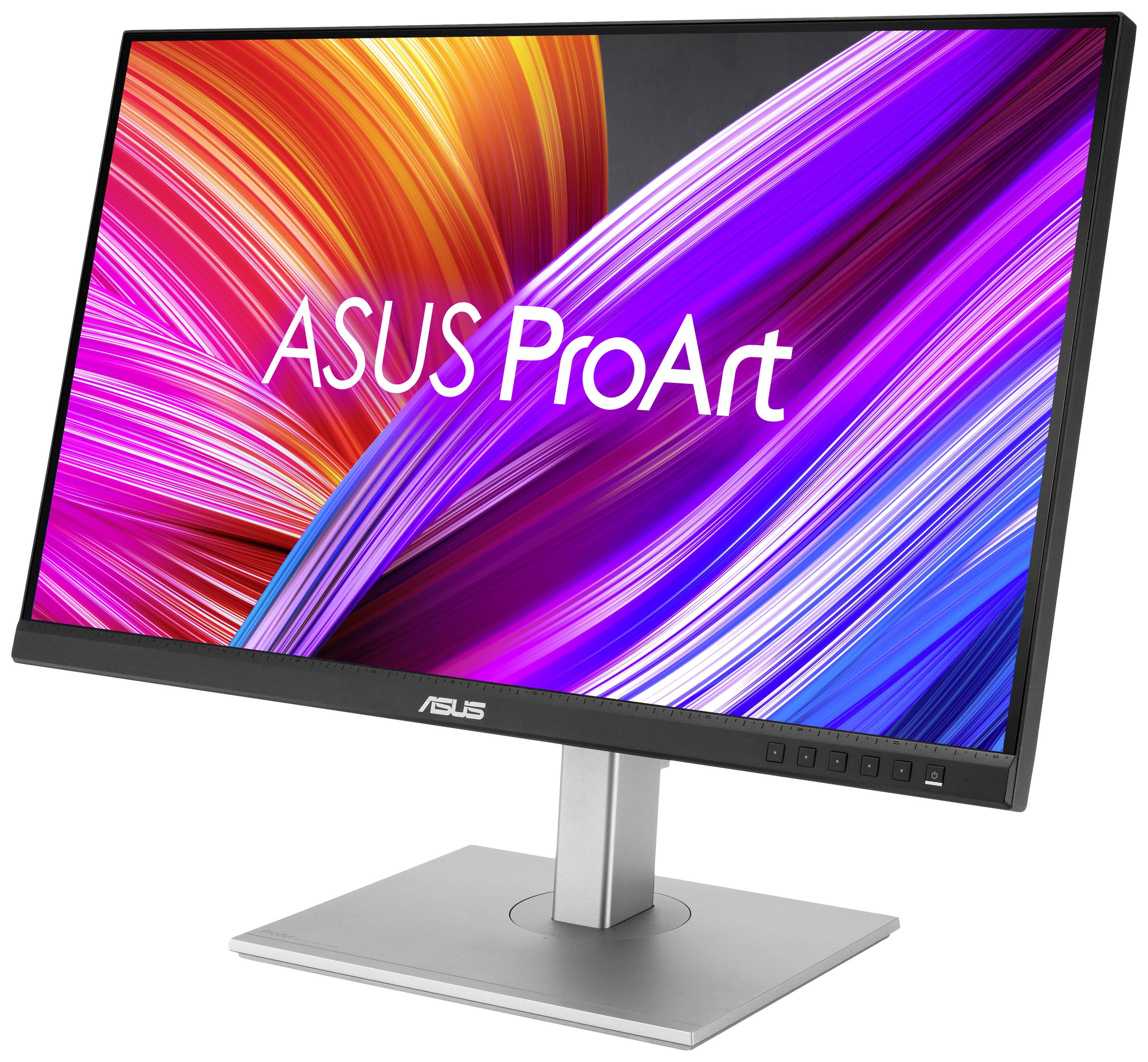 Ein Monitor von Asus mit der Aufschrift 'ASUS ProArt', zeigt ein lebendiges, buntes Hintergrundbild mit dynamischen rosa und blauen Linien.