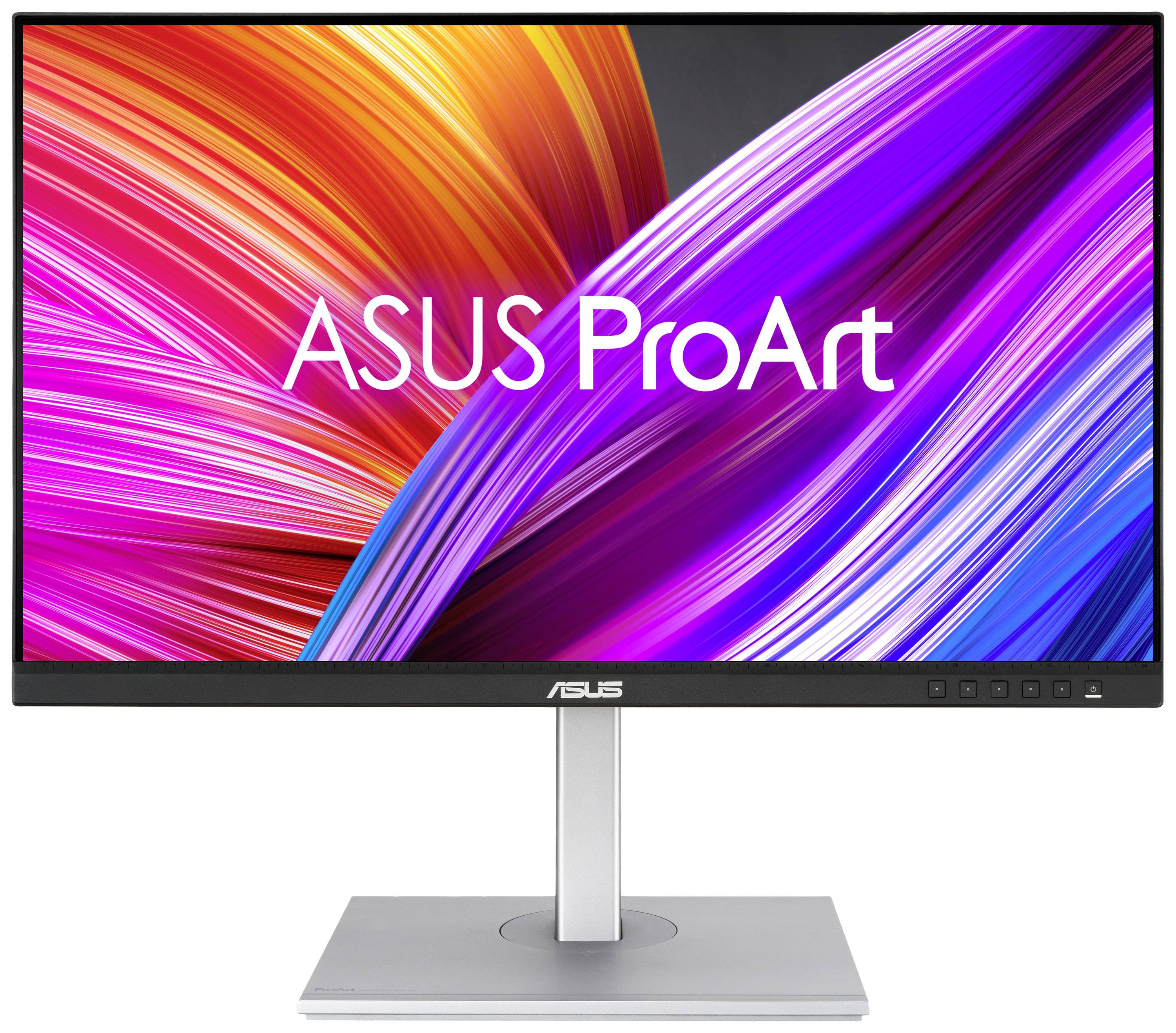 Asus ProArt Monitor mit farbenfrohem, abstraktem Hintergrund auf dem Bildschirm. Elegantes Design mit stabilem Standfuß.