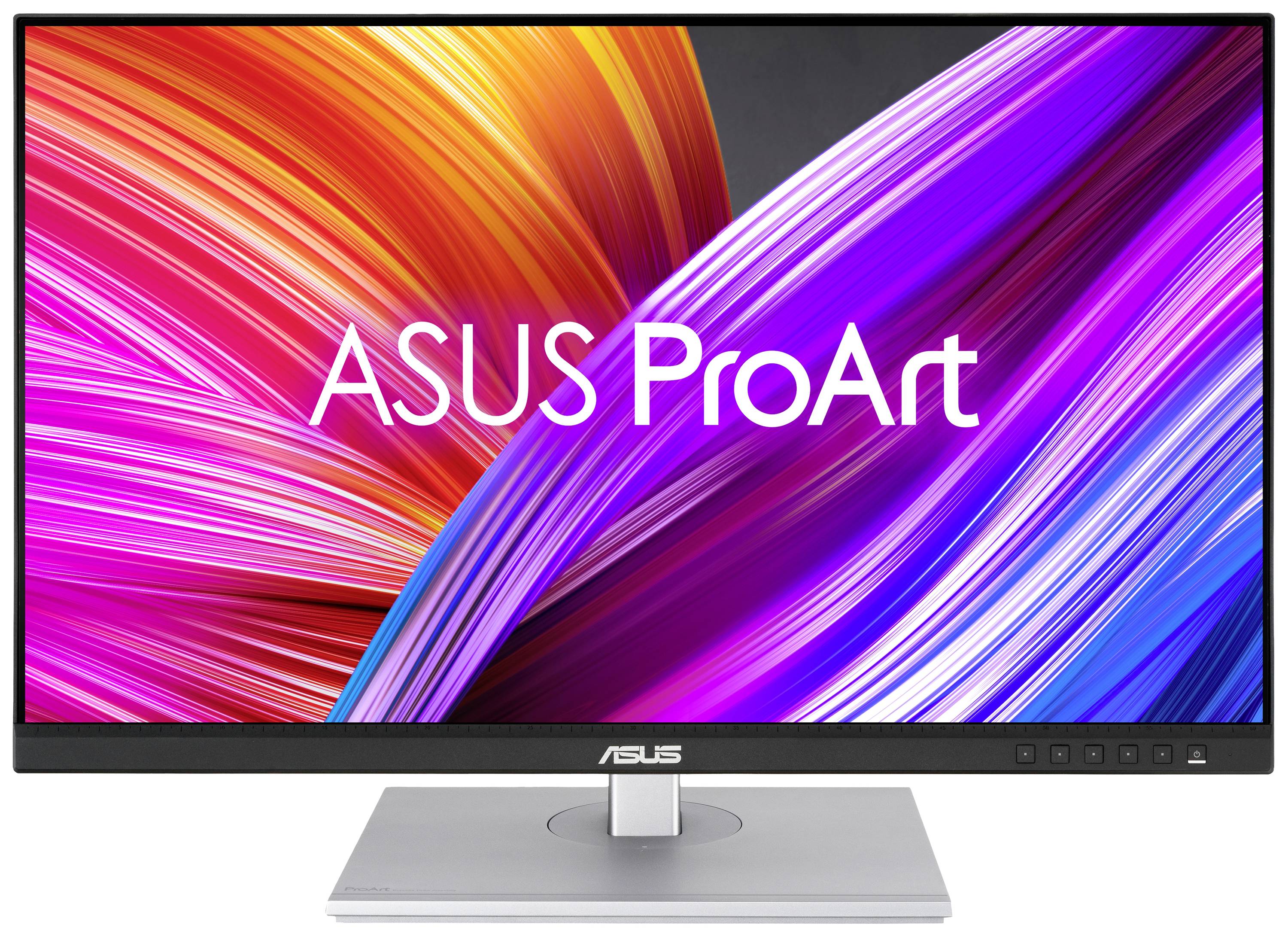 Ein Computerbildschirm mit der Aufschrift 'ASUS ProArt' auf einem Hintergrund aus bunten, geschwungenen Linien in Pink und Violett.