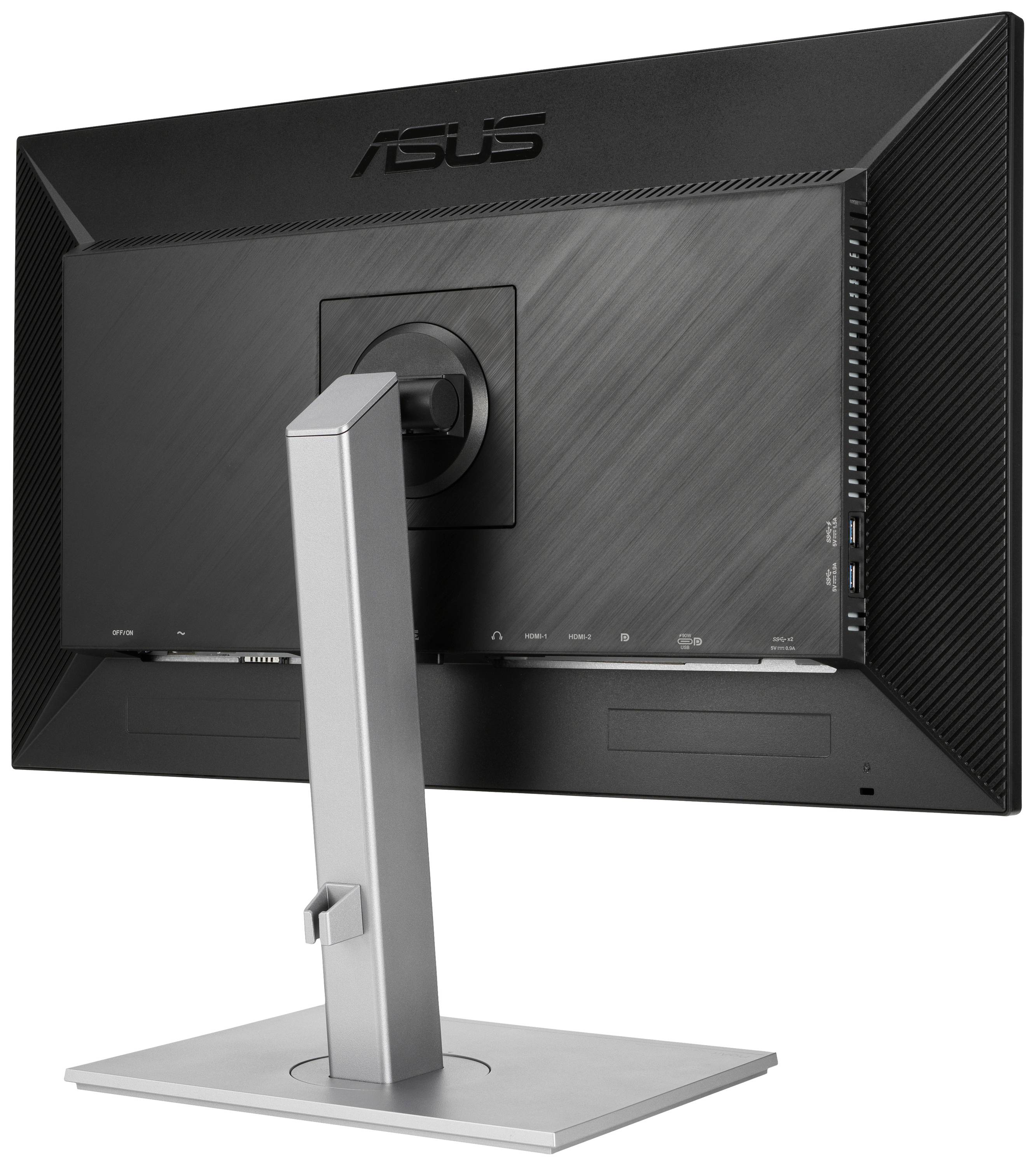 Ein Monitor von hinten mit einem schlichten silbernen Standfuß. Er zeigt Anschlüsse auf der rechten Seite und hat eine moderne, flache Bauweise.