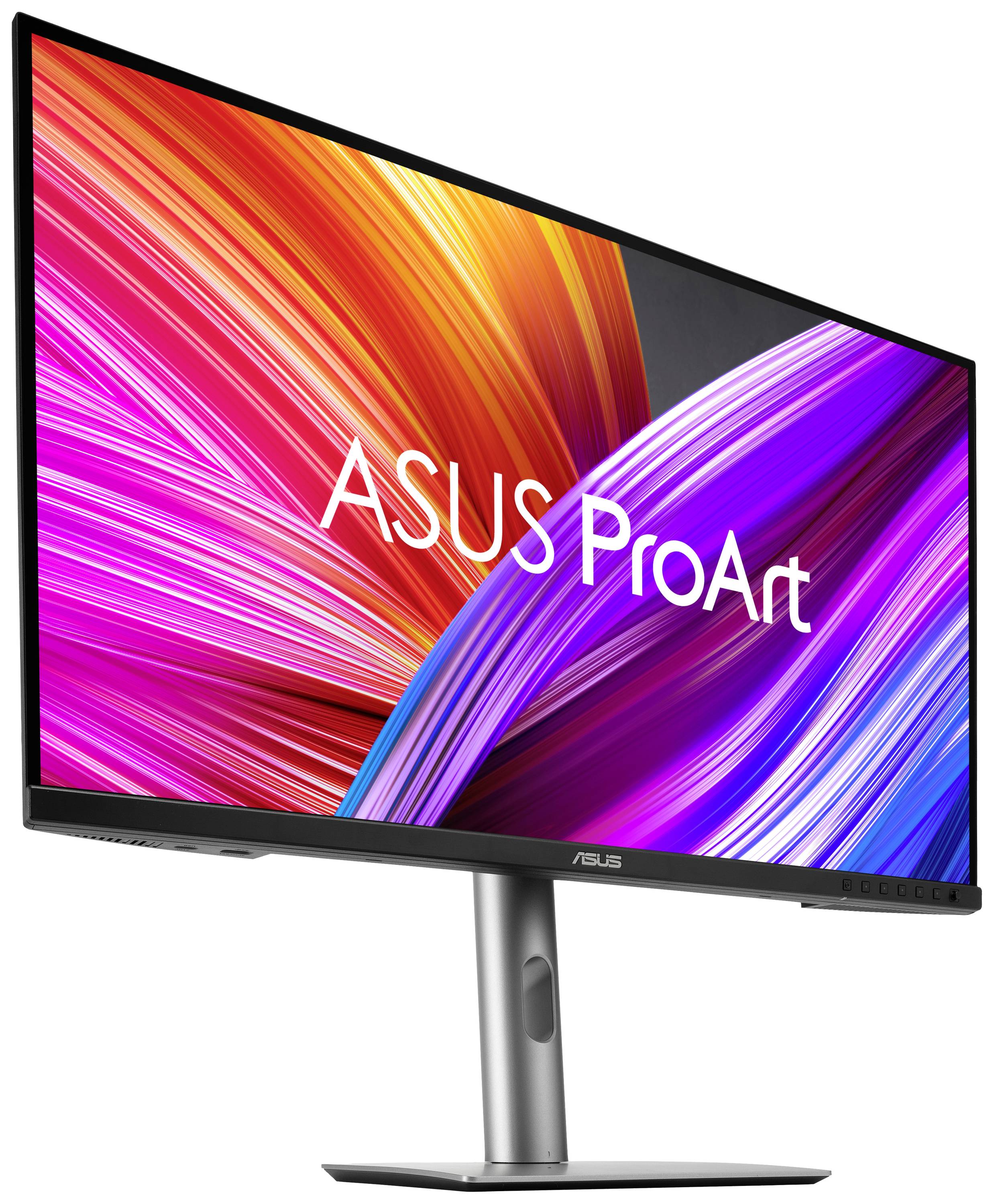 Ein ASUS ProArt Monitor mit schmalem Rahmen zeigt bunte, diagonale Linien in Rot, Orange, Lila und Blau.