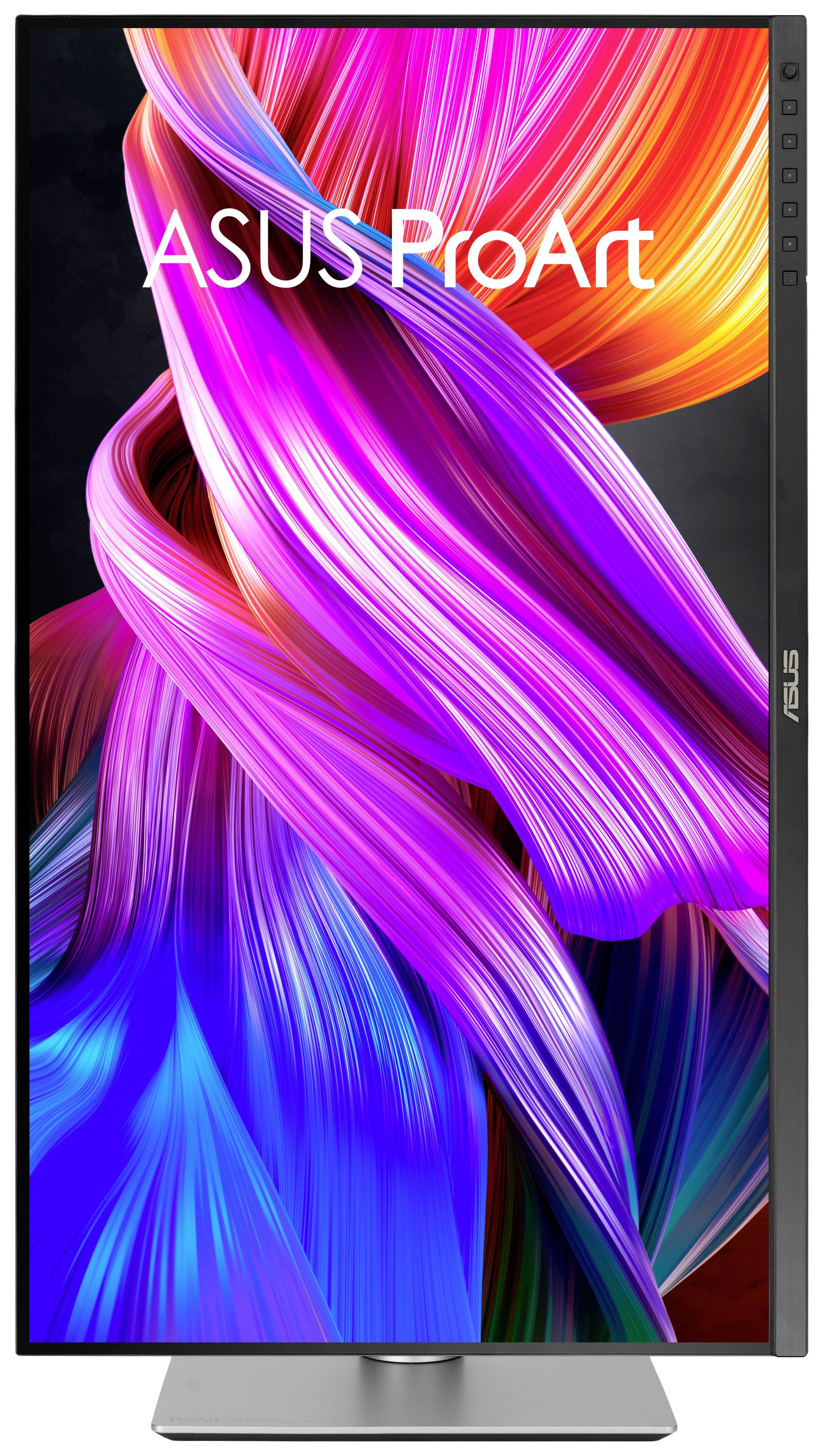 ASUS ProArt Monitor mit lebendigen Farbwellen auf dem Bildschirm, im Hochformat, betont technologische Eleganz und kreative Inspiration.